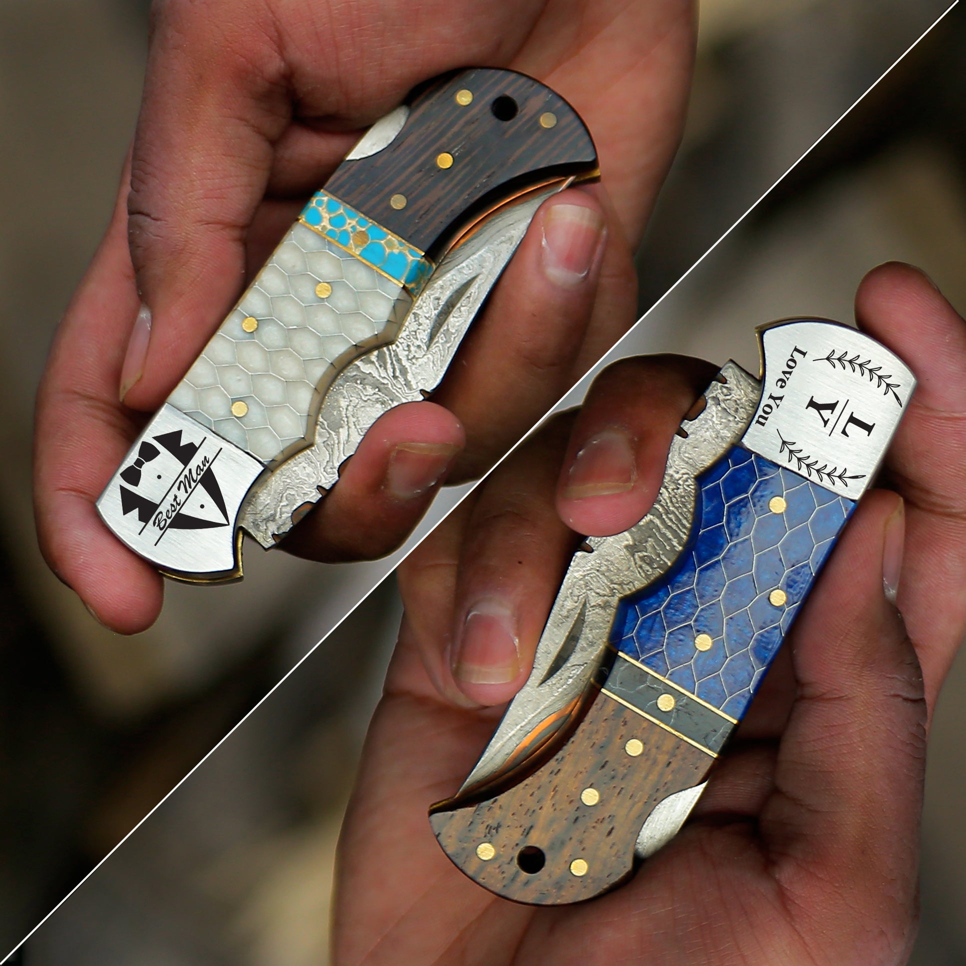Personalized Copper Damascus Steel Pocket Knife Blue and Rose Wood Handle Folding knife sharp edge come with leather sheath.