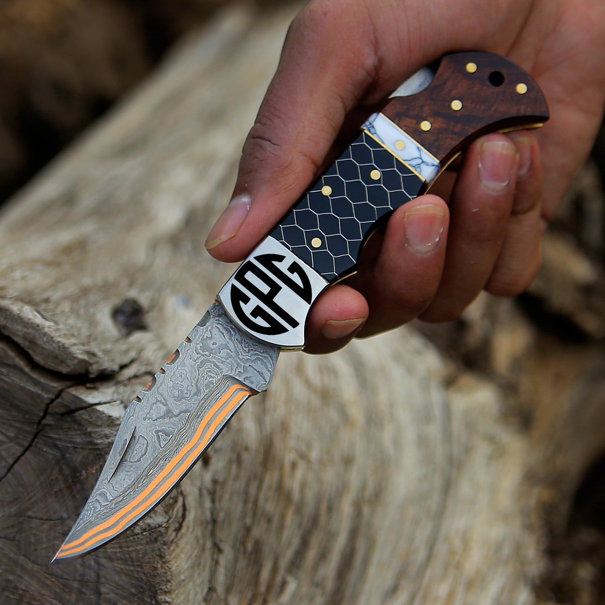 Black Honeycomb Resin & Rose Wood Handle Damascus Steel Folding Pocket Knife – Copper-Coated, Gift for Husband