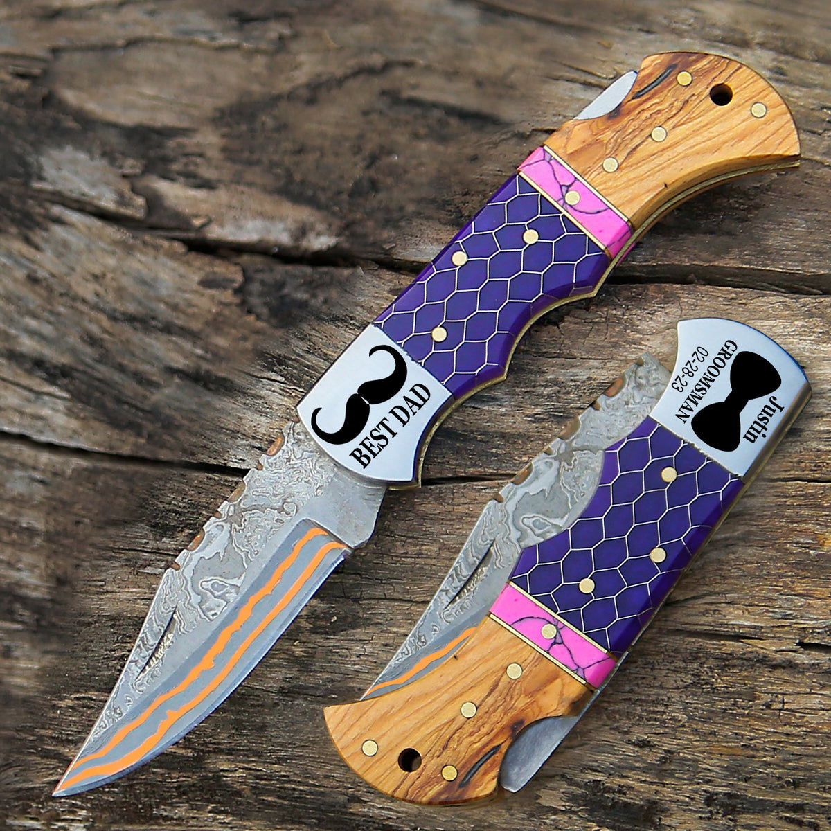 Purple Honeycomb Resin & Olive Wood Handle Damascus Steel Folding Pocket Knife – Copper-Coated, Gift for Husband