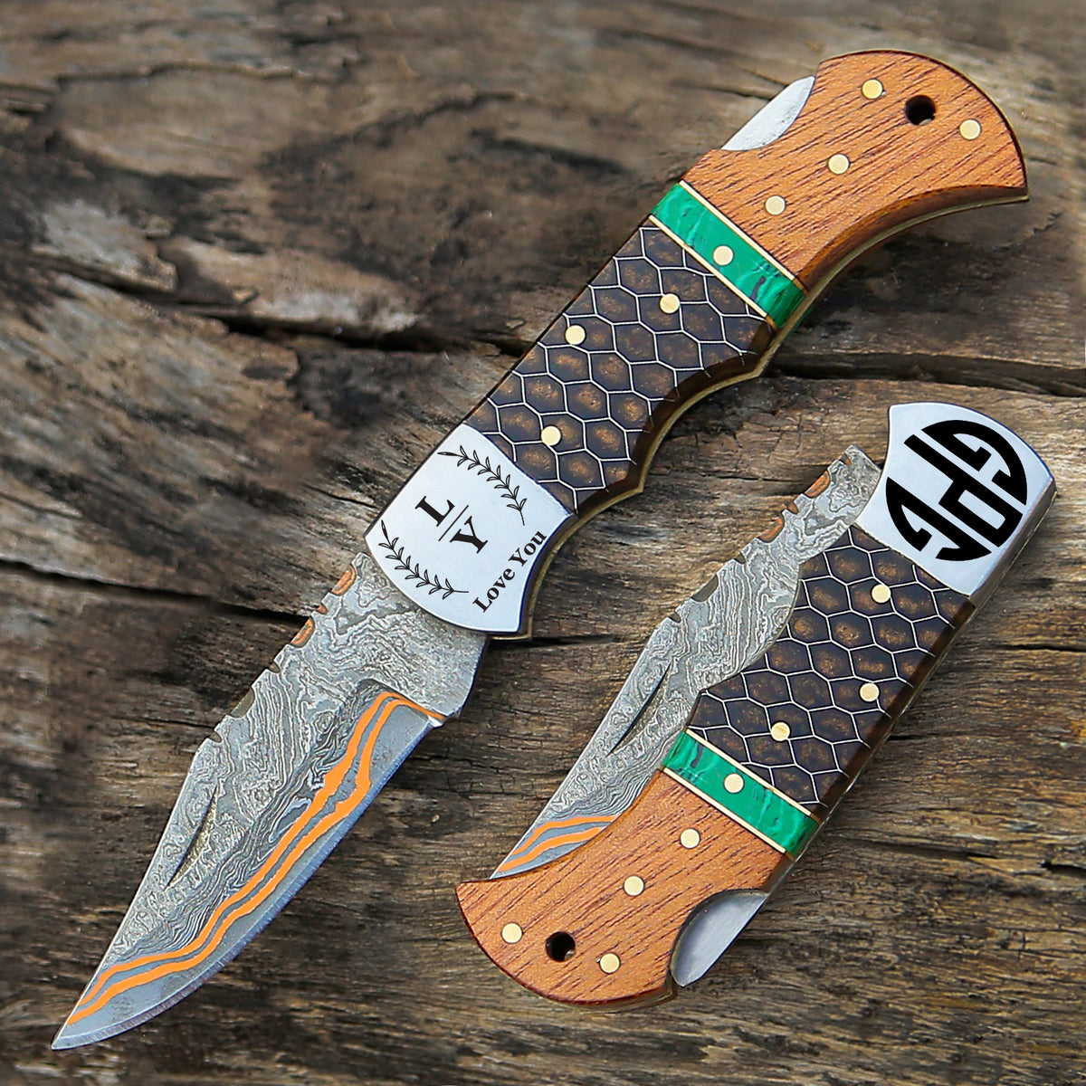 Personalized Copper Damascus Steel Pocket Knife Brown Honey Comb Resin and Olive Wood Handle Folding knife sharp edge come with leather sheath