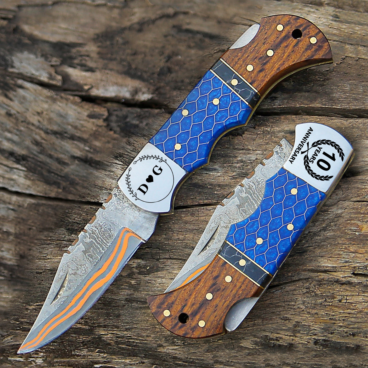 Personalized Copper Damascus Steel Pocket Knife Blue and Rose Wood Handle Folding knife sharp edge come with leather sheath.