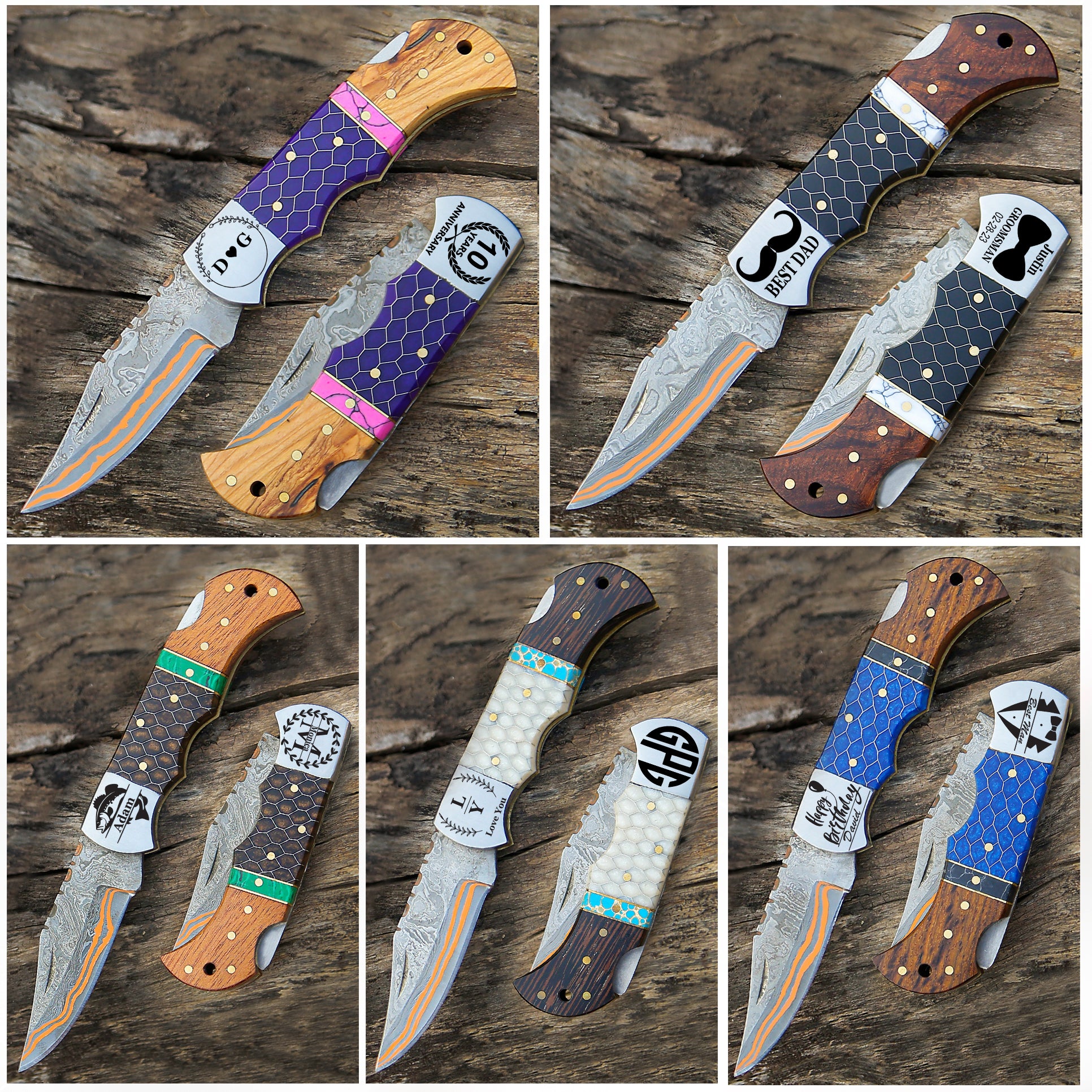 Personalized Copper Damascus Steel Pocket Knife Blue and Rose Wood Handle Folding knife sharp edge come with leather sheath.