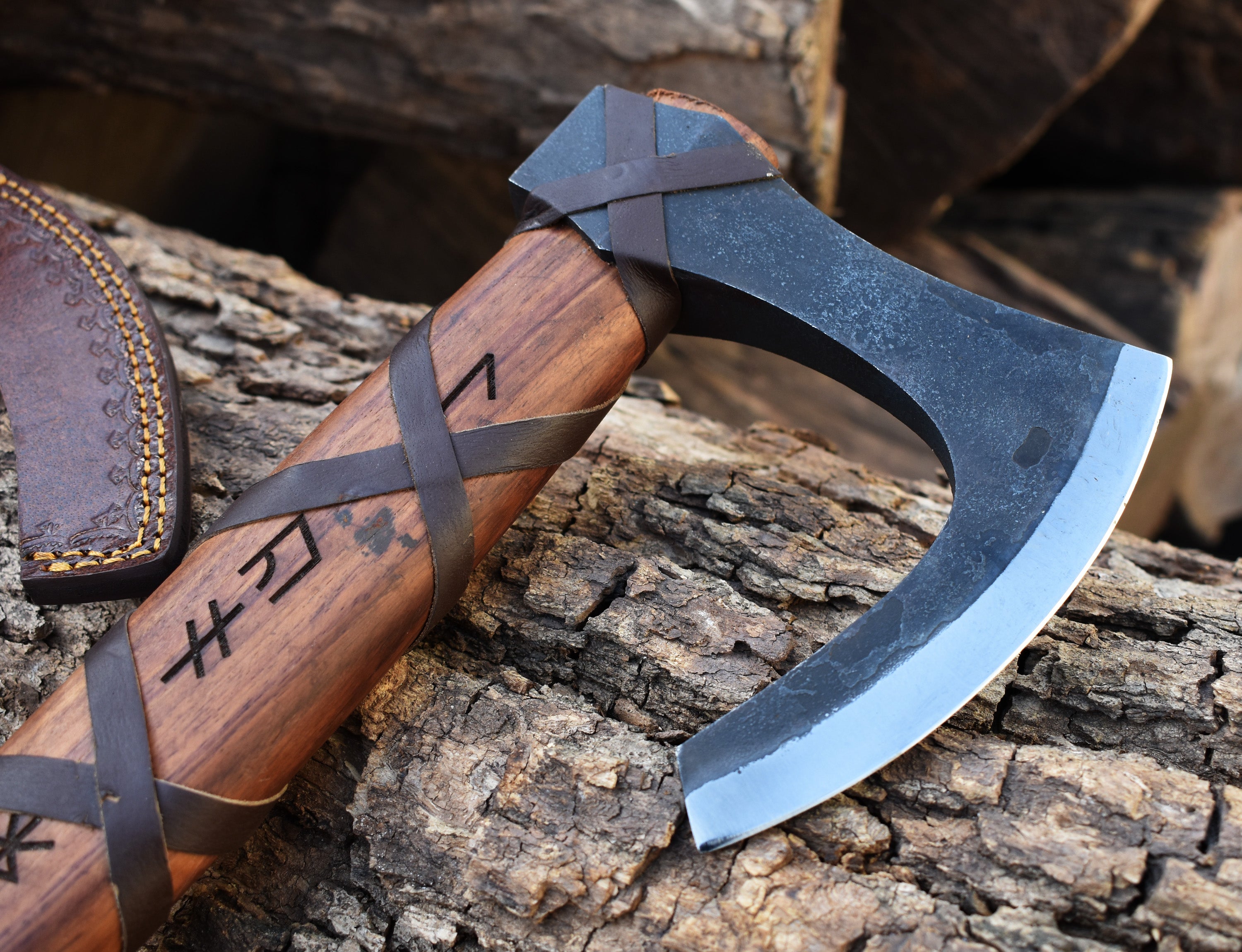 Battle-Ready Viking Axe | Hand-Forged Norse Hatchet with Leather Grip & Rune Carvings.