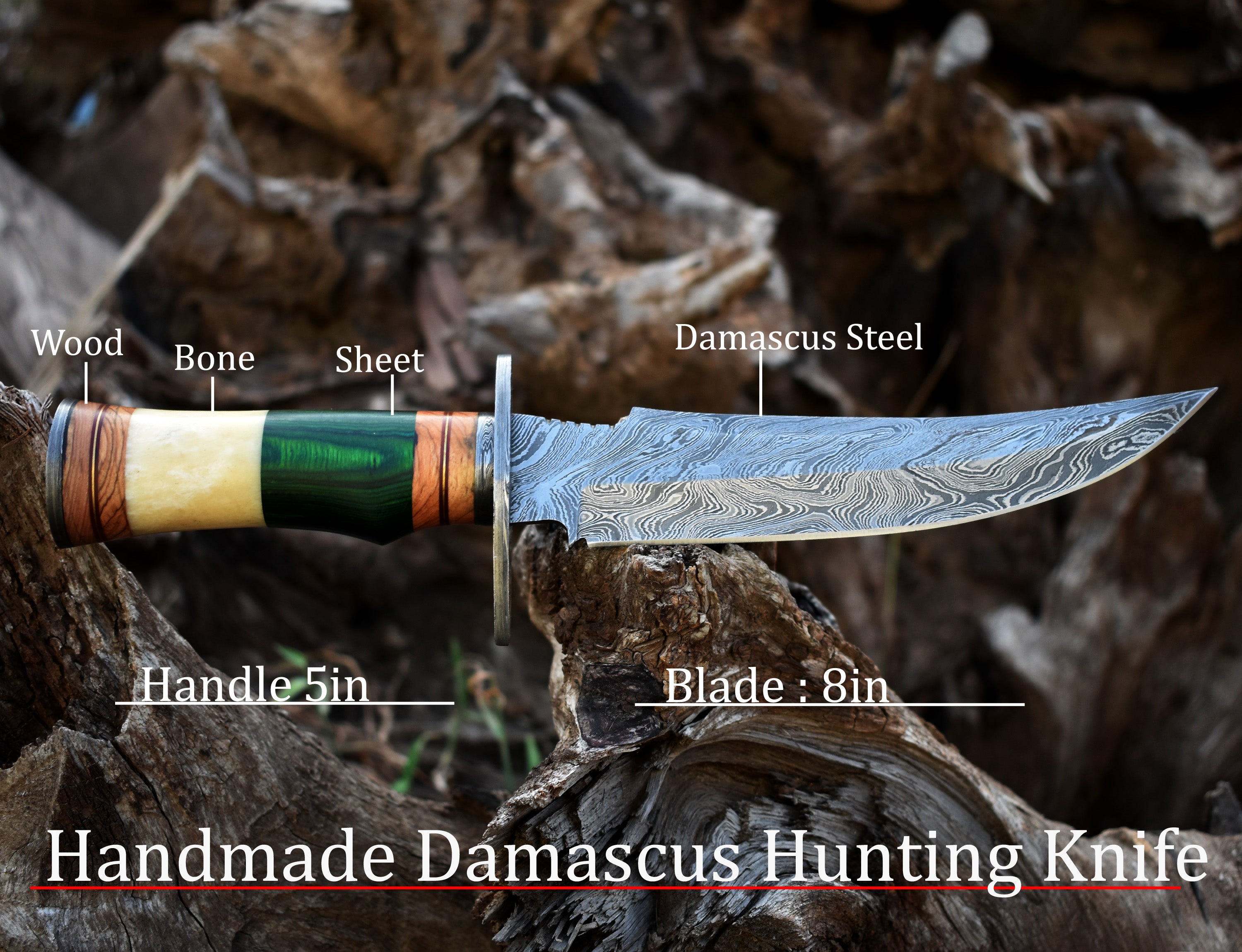 13" Rambo With Wood and Bone Handle Hunting Bowie knife With Damascus Guard & Pommel