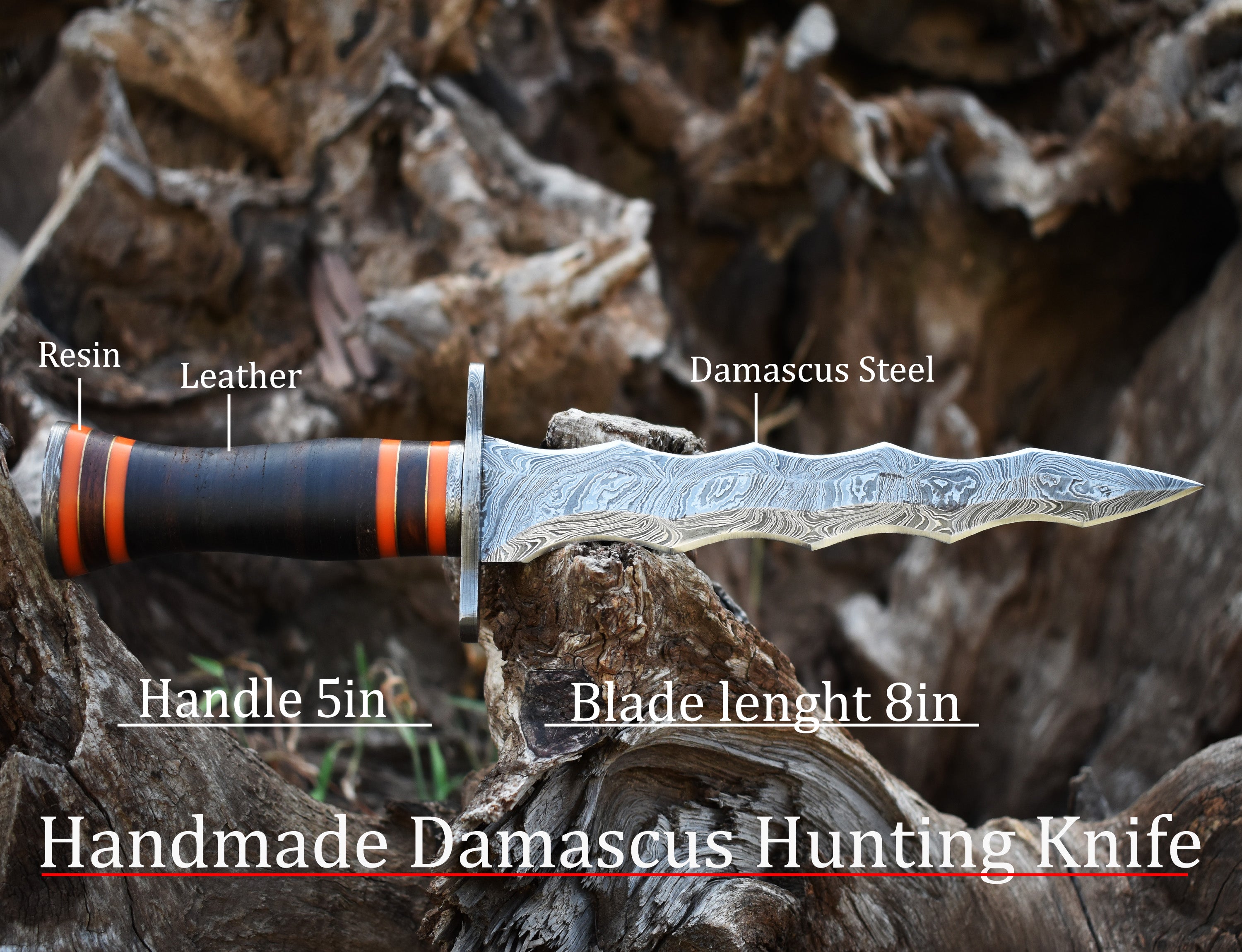 13" Double Edge Spiral Hunting Knife With RoseWood Handle Hunting Bowie knife With Damascus Guard & Pommel
