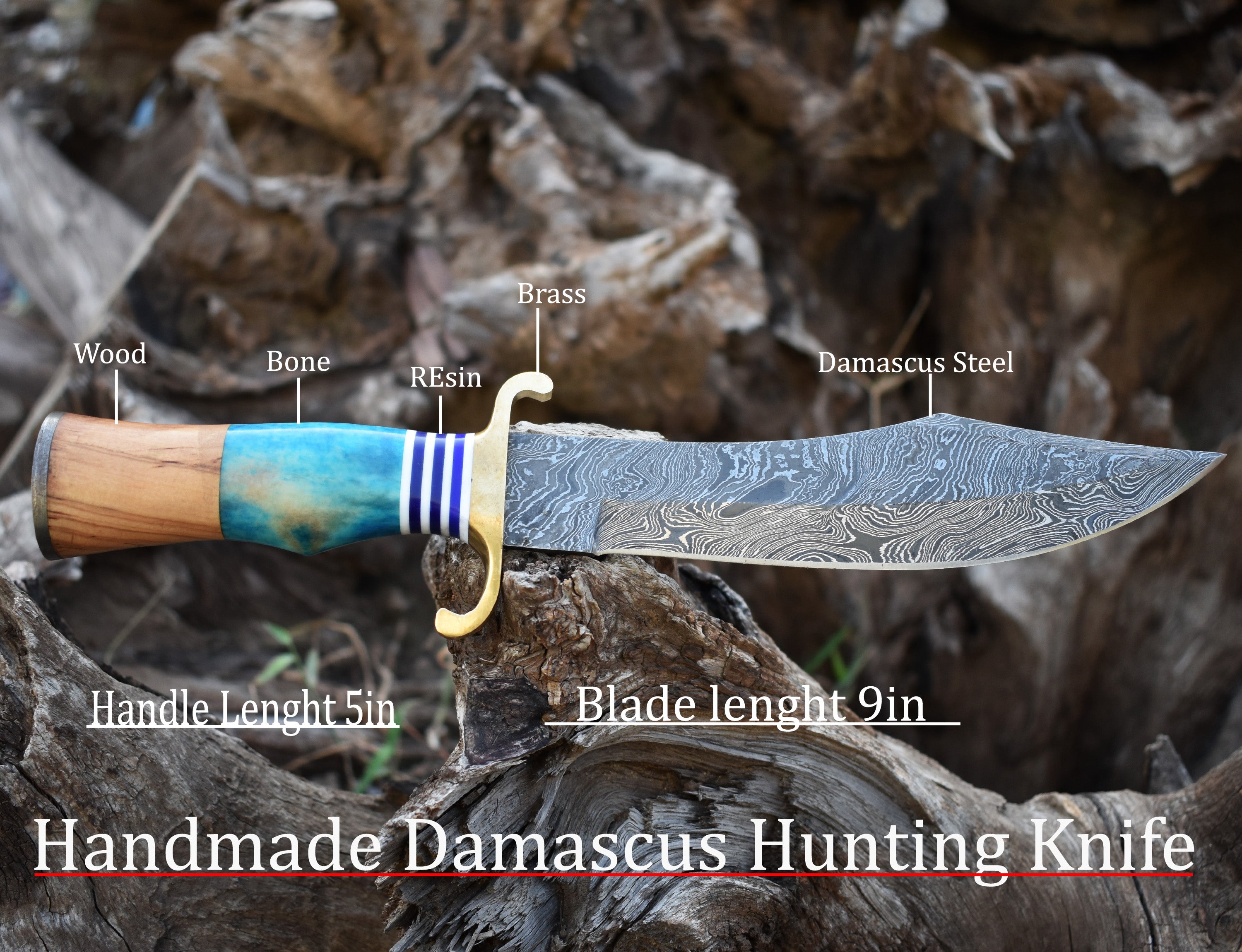 Damascus Hunting knife with Wood and  Bone Handle Hunting Bowie knife With Brass Guard & Pommel