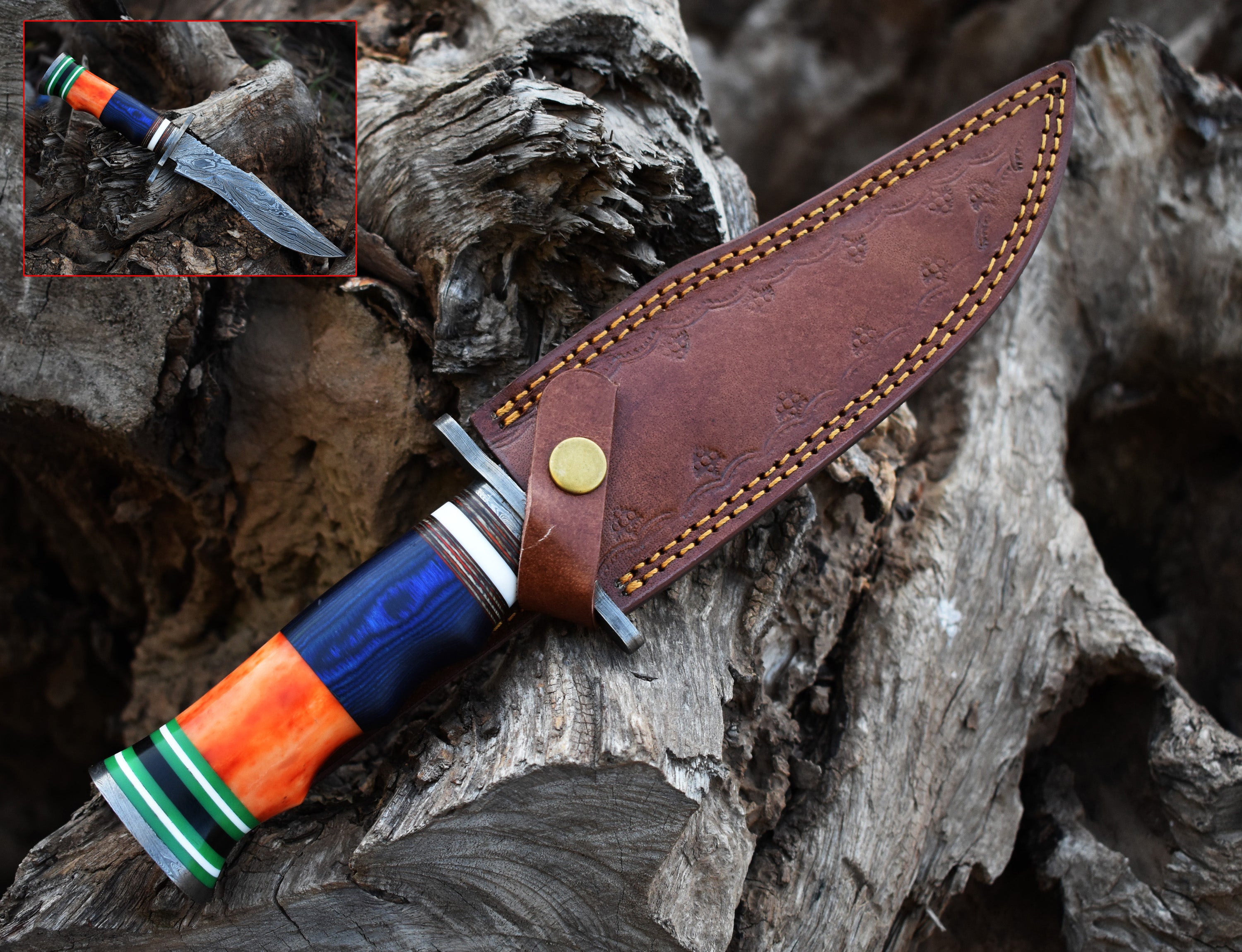 13" Rambo White Bone and Blue Sheet Handle Hunting Bowie knife With Damascus Guard & Pommel