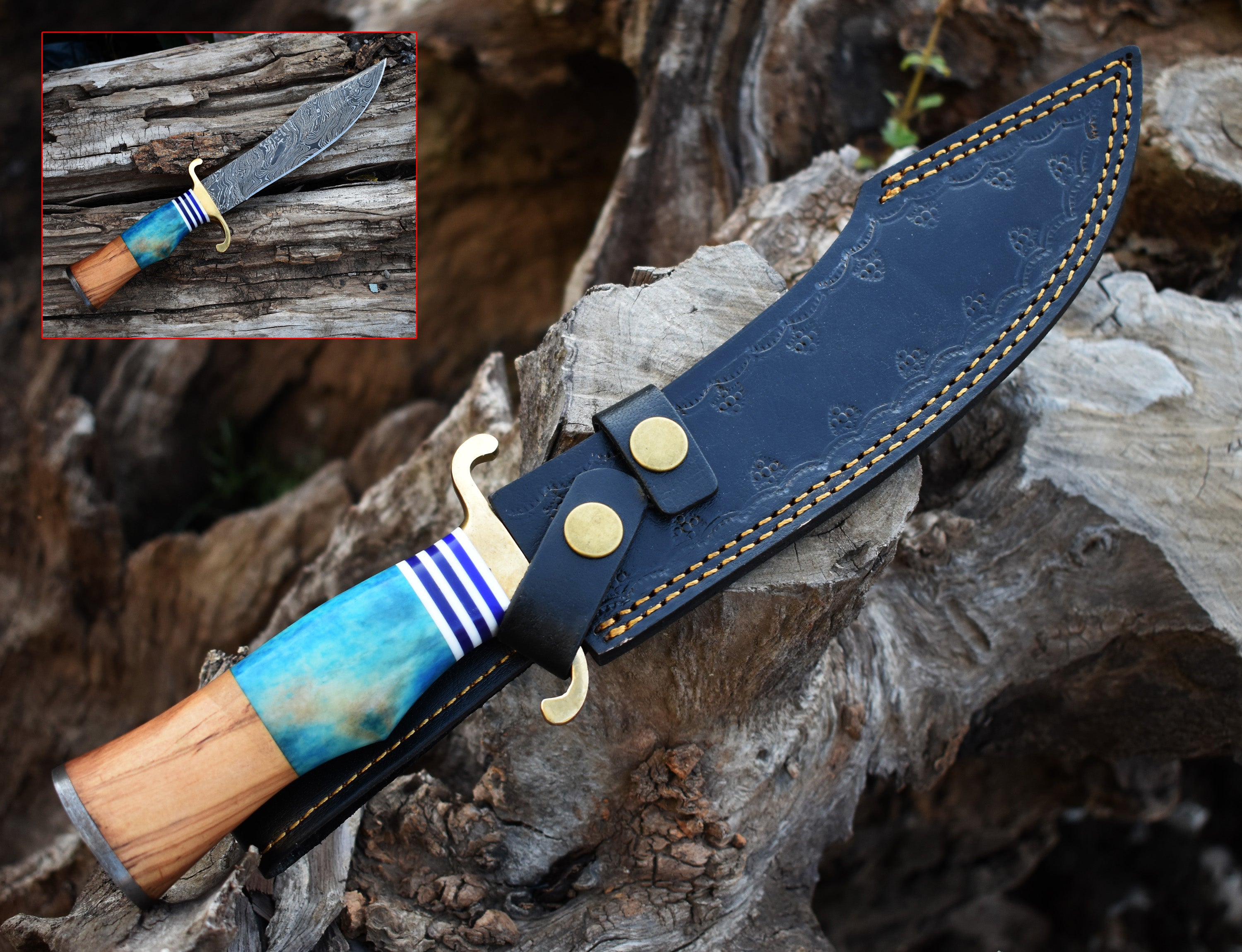Damascus Hunting knife with Wood and  Bone Handle Hunting Bowie knife With Brass Guard & Pommel