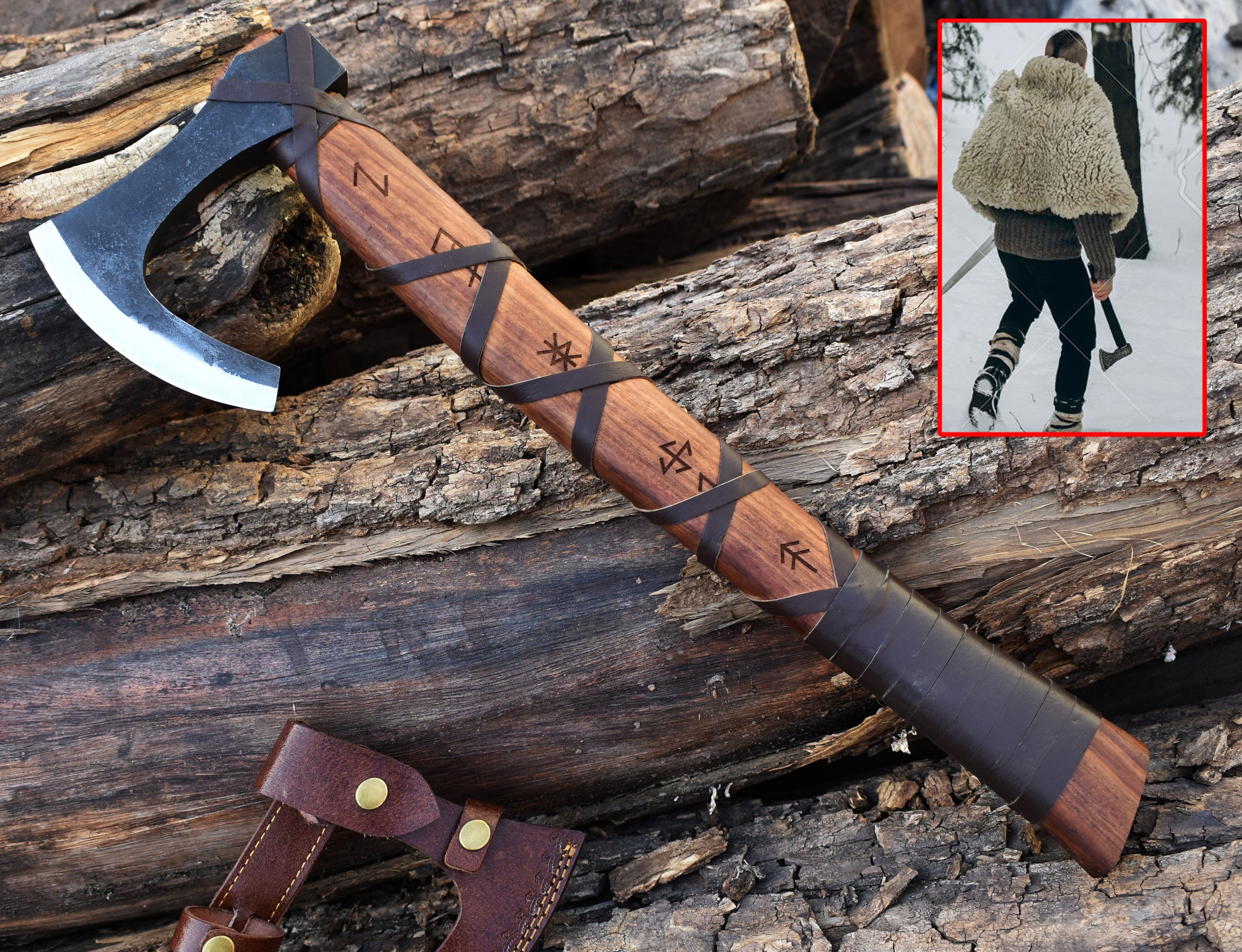Battle-Ready Viking Axe | Hand-Forged Norse Hatchet with Leather Grip & Rune Carvings.