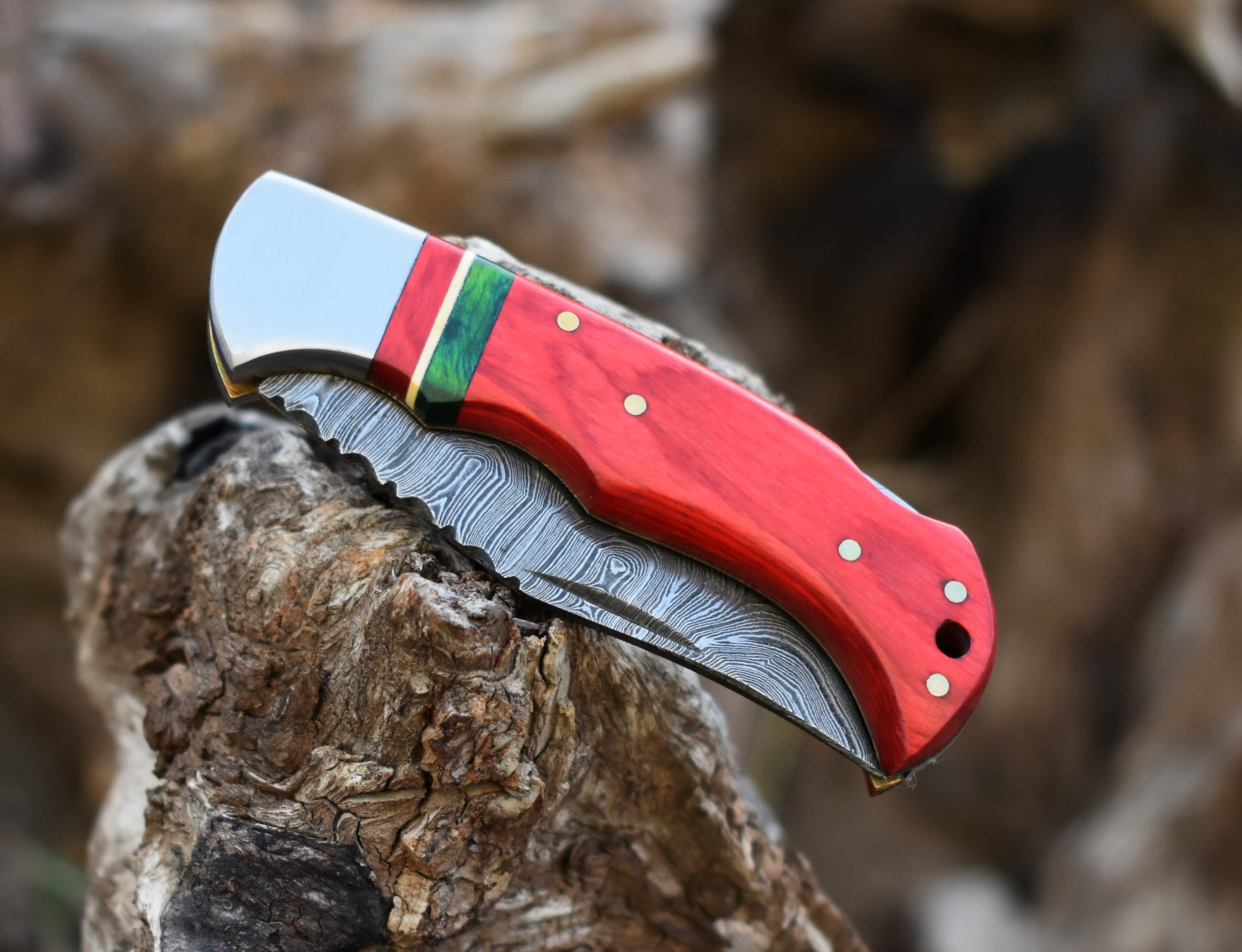 6.5" Handmade Damascus Steel Folding Knife Red& Green Handle Back Lock Pocket Knife With Leather Pouch Personalized Gift for Men.