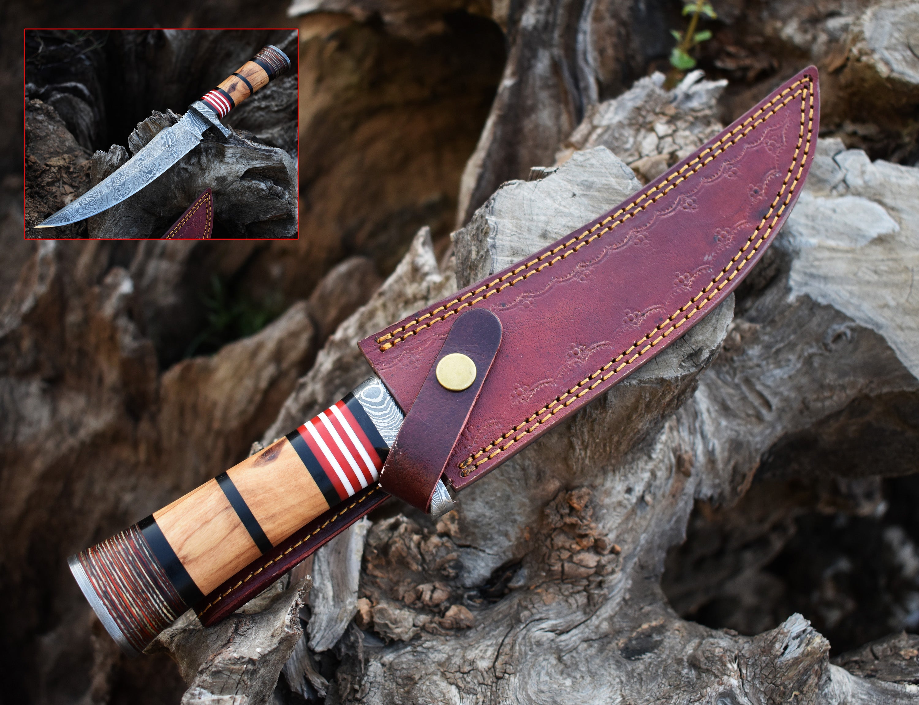 13" Hunting Knife Wood Handle Hunting Bowie knife With Damascus Guard & Pommel