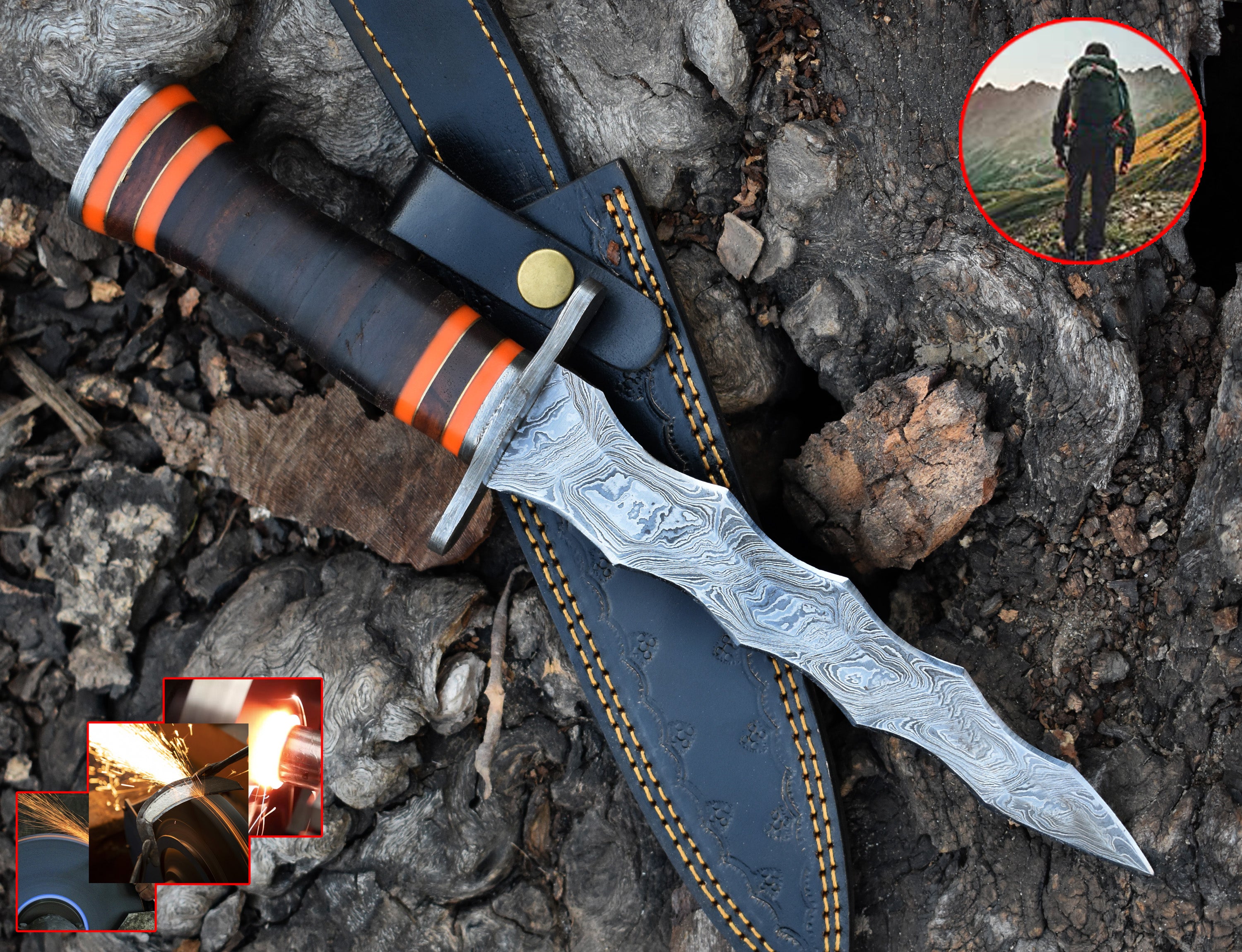 13" Double Edge Spiral Hunting Knife With RoseWood Handle Hunting Bowie knife With Damascus Guard & Pommel