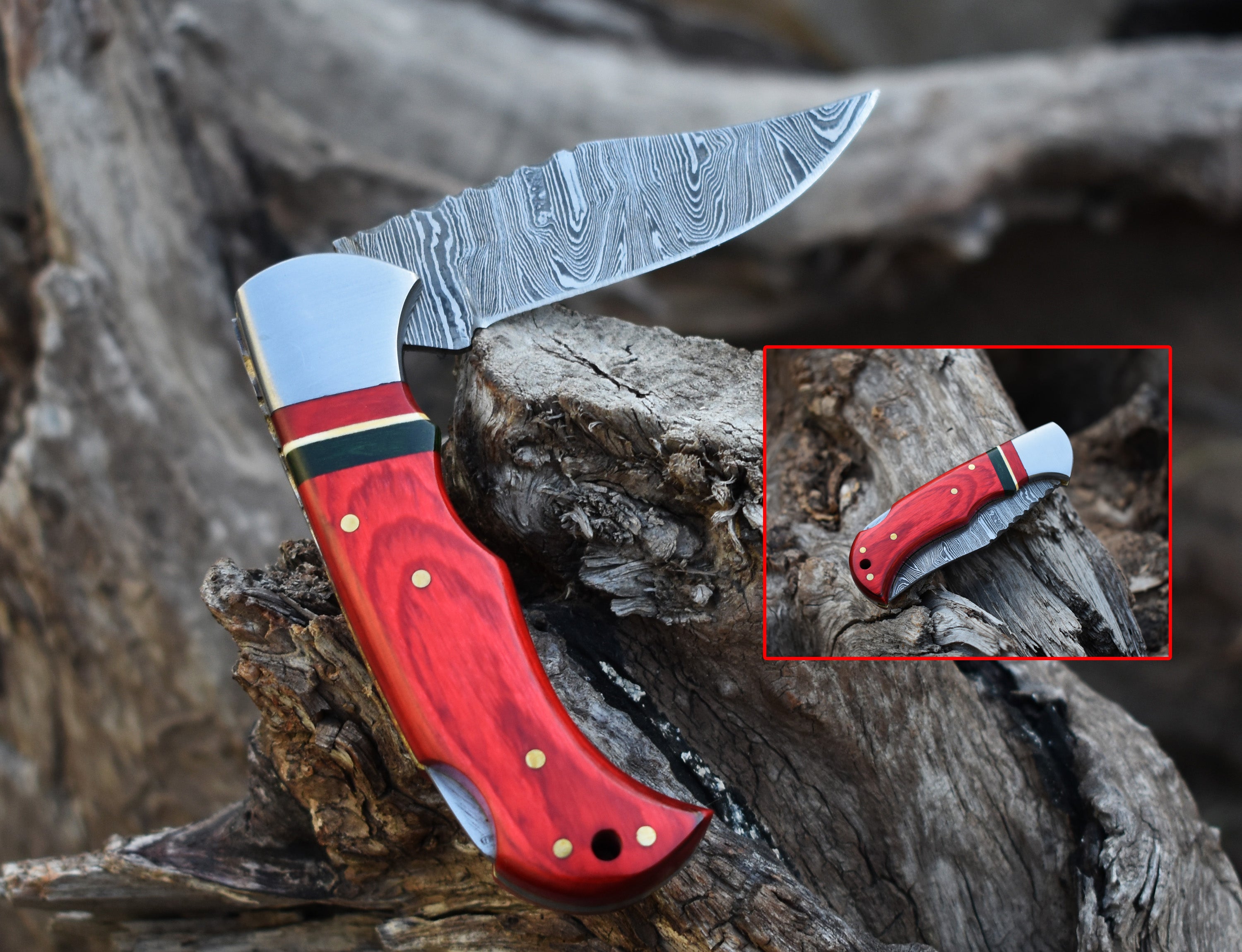 6.5" Handmade Damascus Steel Folding Knife Red& Green Handle Back Lock Pocket Knife With Leather Pouch Personalized Gift for Men.