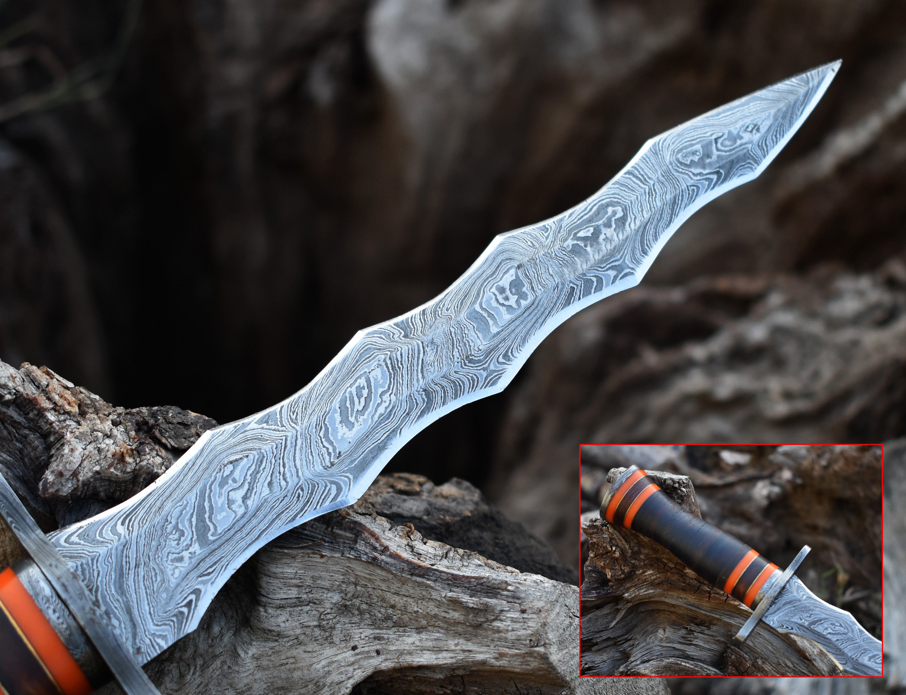 13" Double Edge Spiral Hunting Knife With RoseWood Handle Hunting Bowie knife With Damascus Guard & Pommel