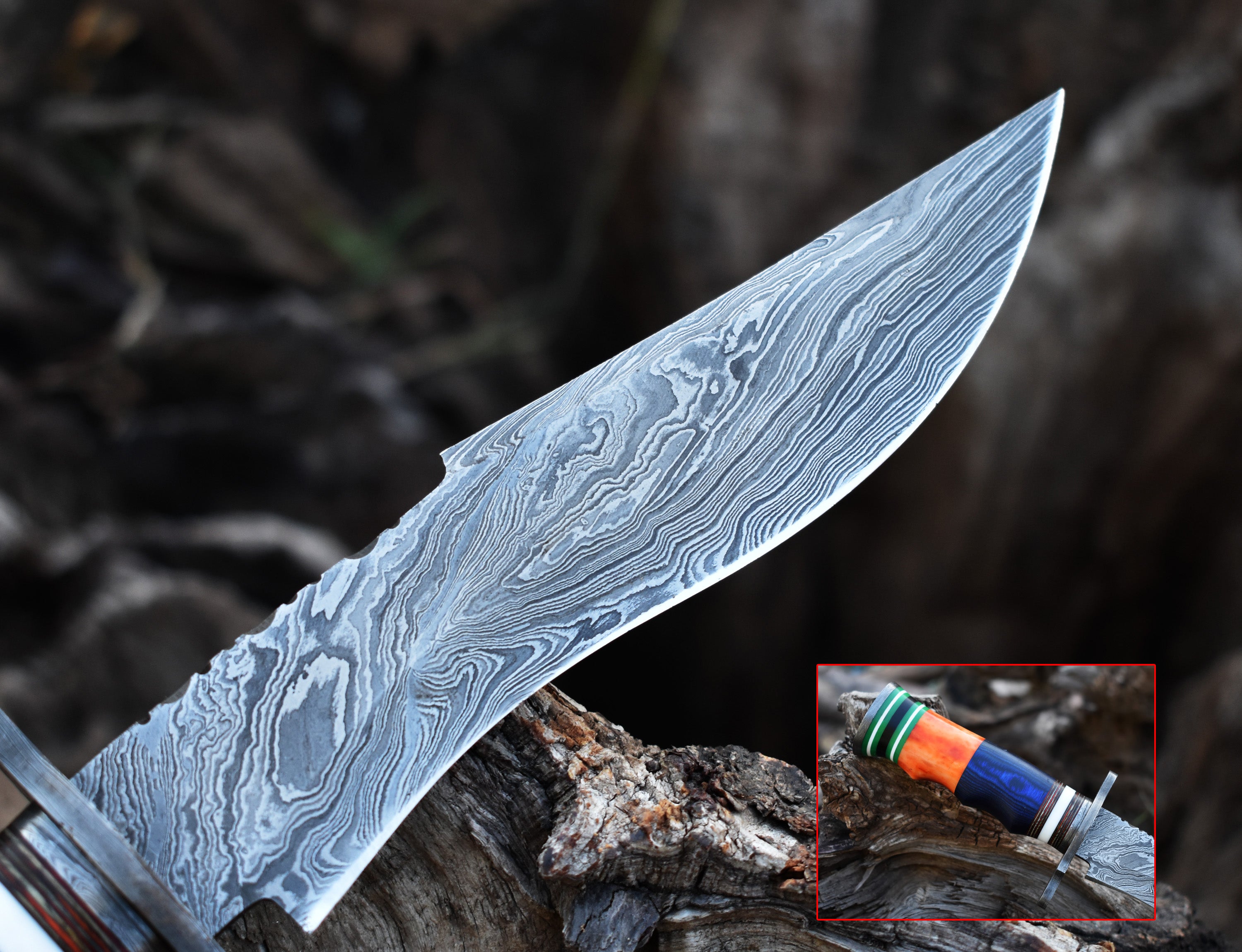 13" Rambo White Bone and Blue Sheet Handle Hunting Bowie knife With Damascus Guard & Pommel