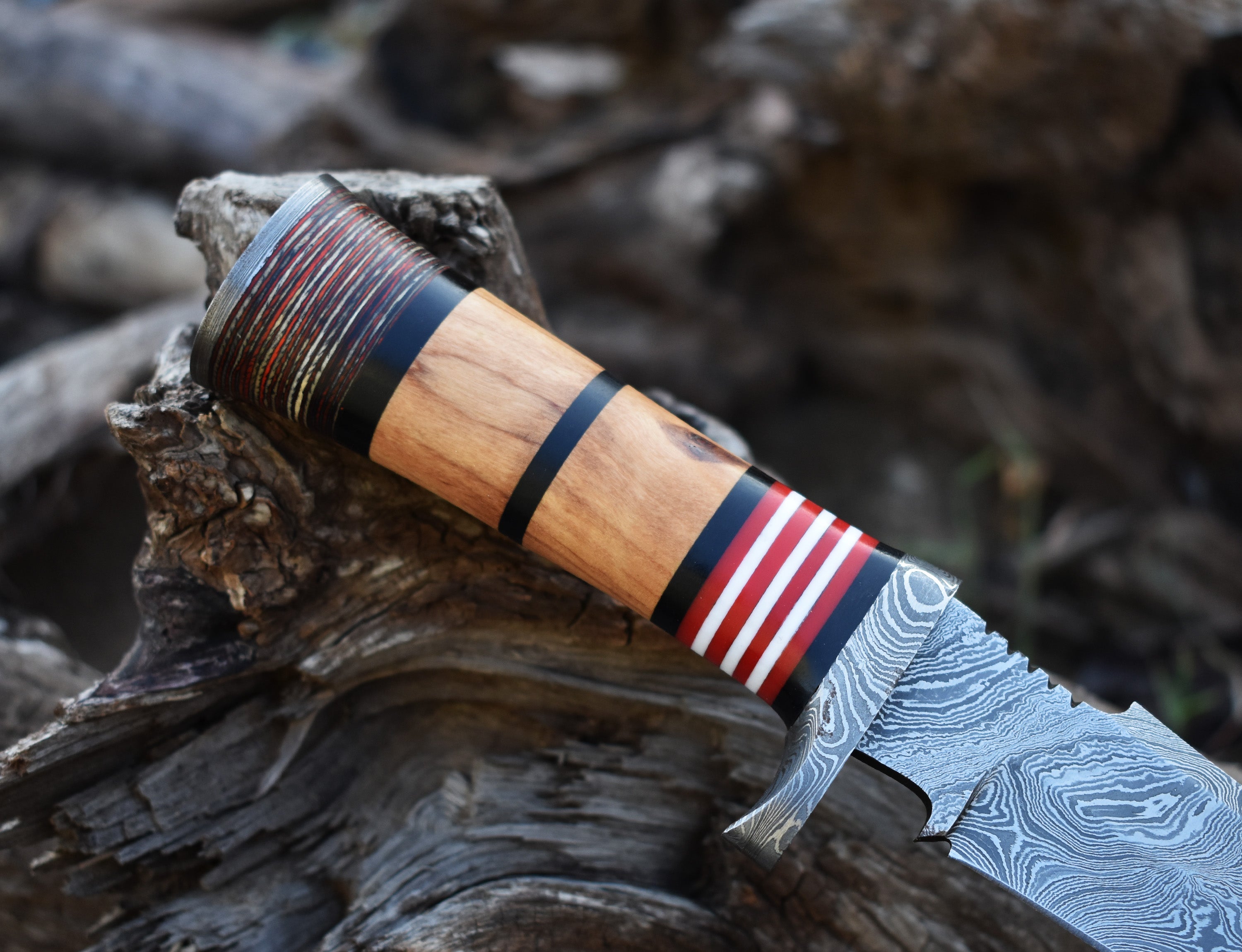 13" Hunting Knife Wood Handle Hunting Bowie knife With Damascus Guard & Pommel