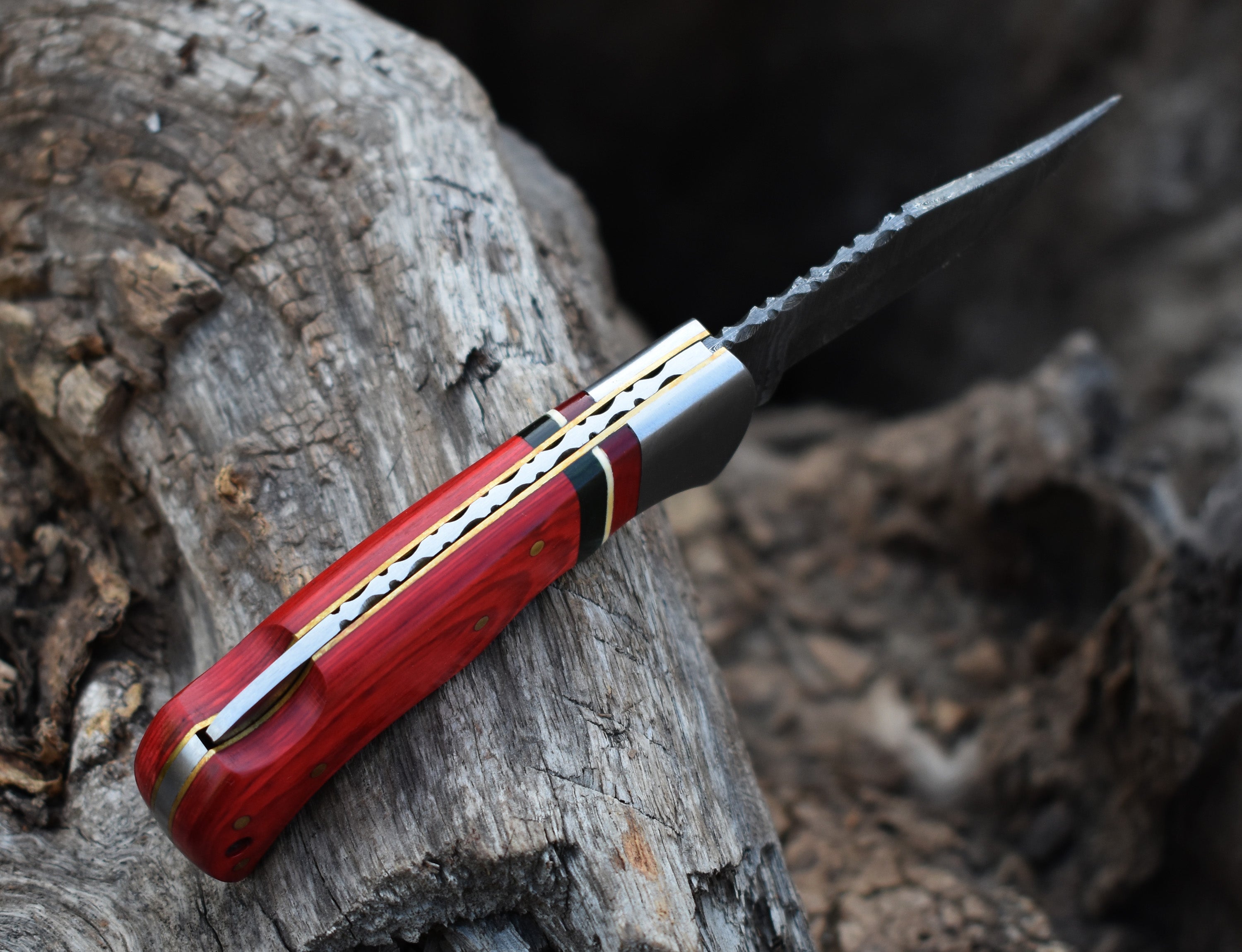 6.5" Handmade Damascus Steel Folding Knife Red& Green Handle Back Lock Pocket Knife With Leather Pouch Personalized Gift for Men.