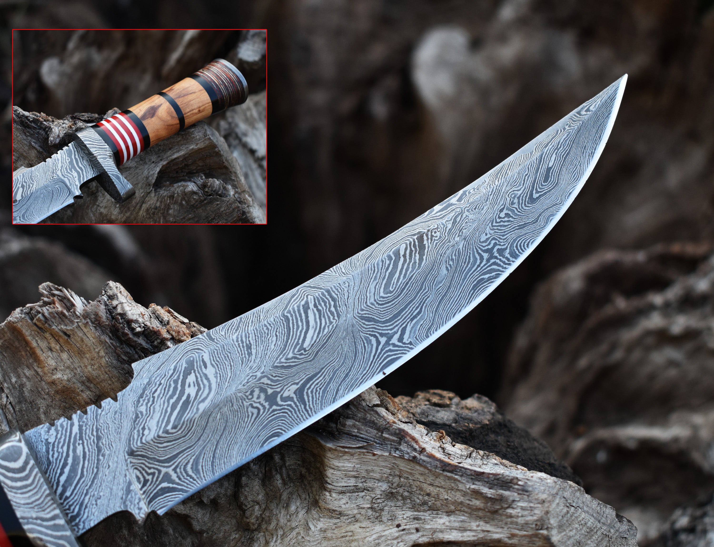 13" Hunting Knife Wood Handle Hunting Bowie knife With Damascus Guard & Pommel