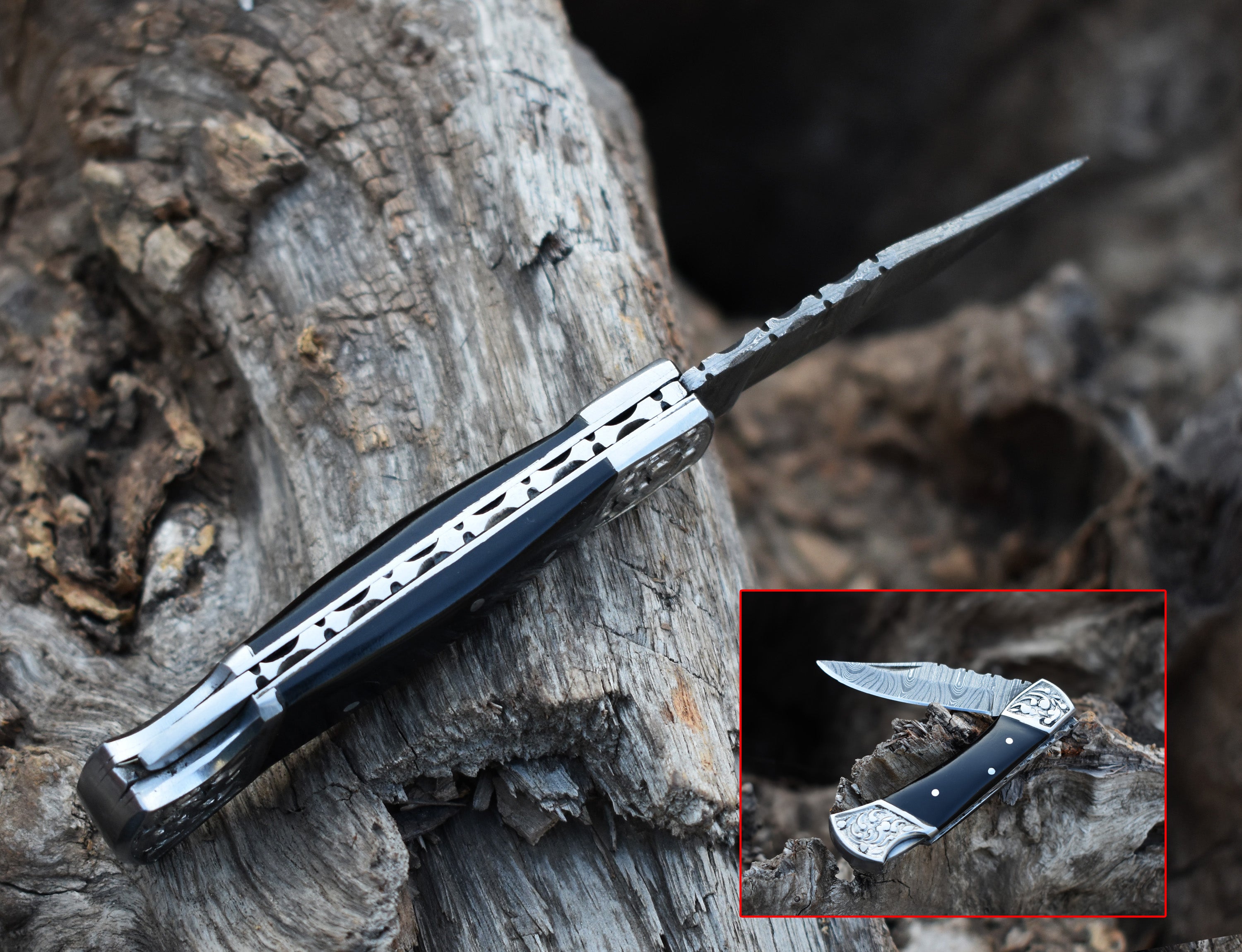 6.8" Handmade Damascus steel Back Lock Pocket Knife Black Horn Handle Folding Knife best Camping Hunting Fishing EDC Knife Tool With Leather Pouch.