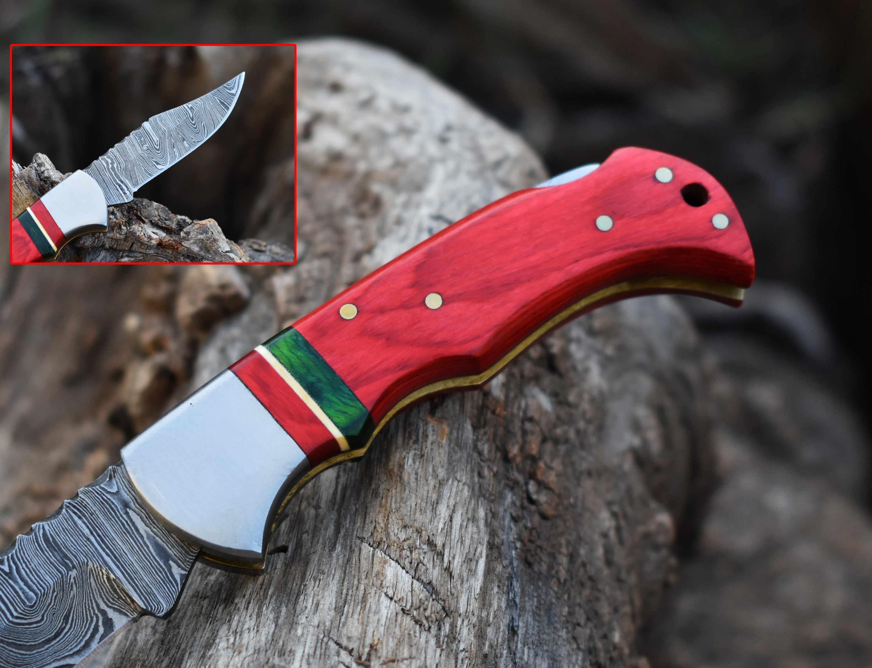 6.5" Handmade Damascus Steel Folding Knife Red& Green Handle Back Lock Pocket Knife With Leather Pouch Personalized Gift for Men.