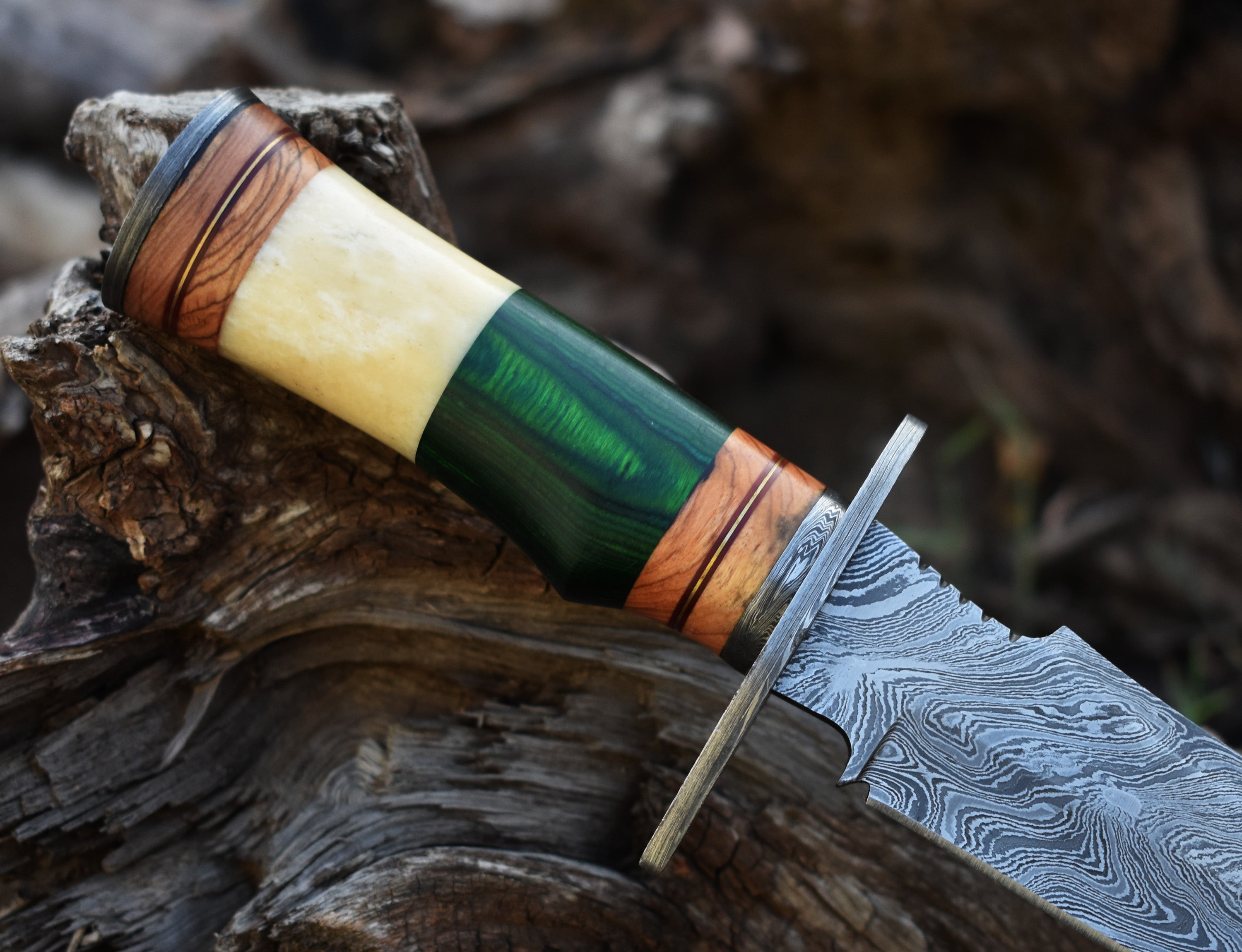 13" Rambo With Wood and Bone Handle Hunting Bowie knife With Damascus Guard & Pommel