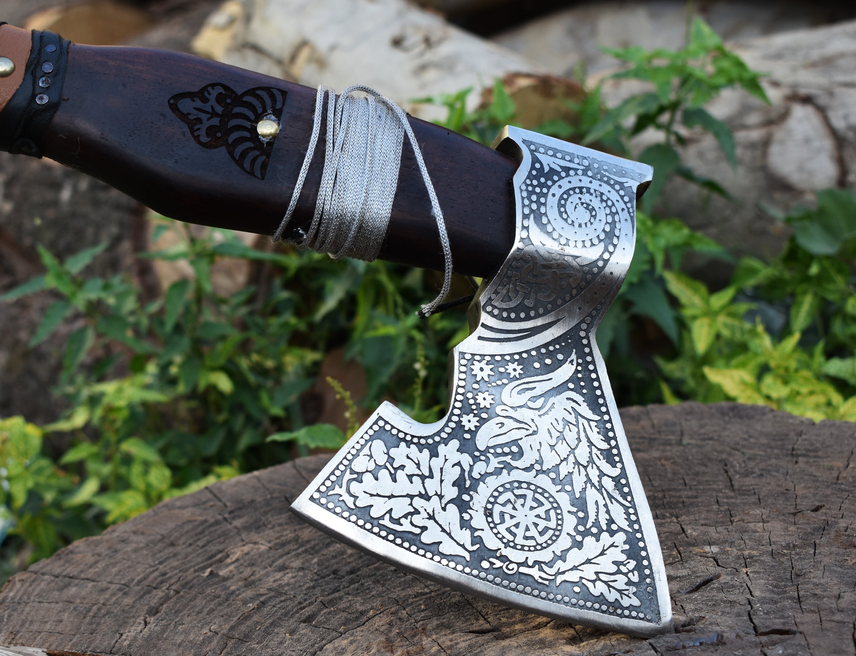 Engraved Viking Axe | Hand-Forged Damascus Hatchet with Leather Sheath | Norse Gift for Him.