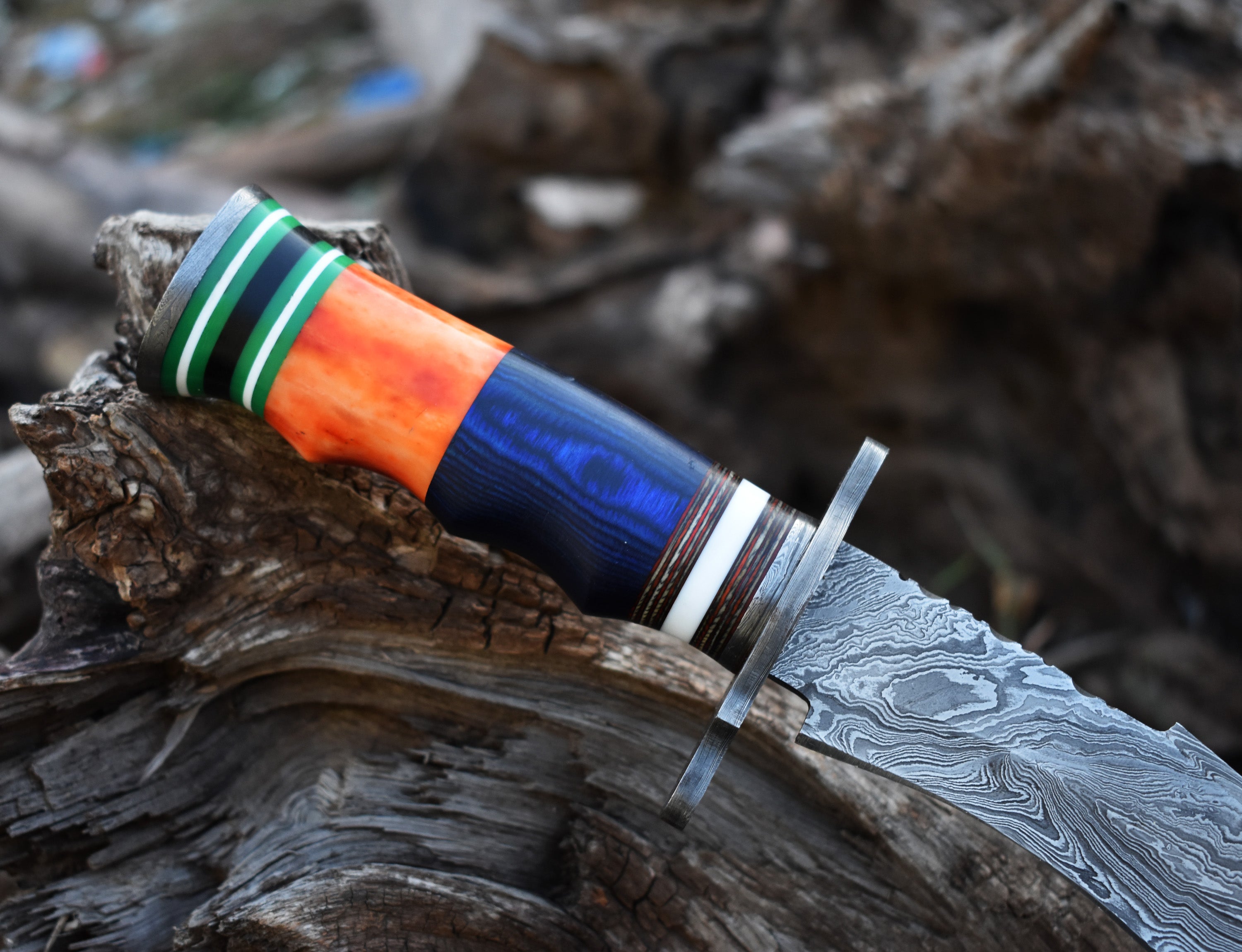 13" Rambo White Bone and Blue Sheet Handle Hunting Bowie knife With Damascus Guard & Pommel