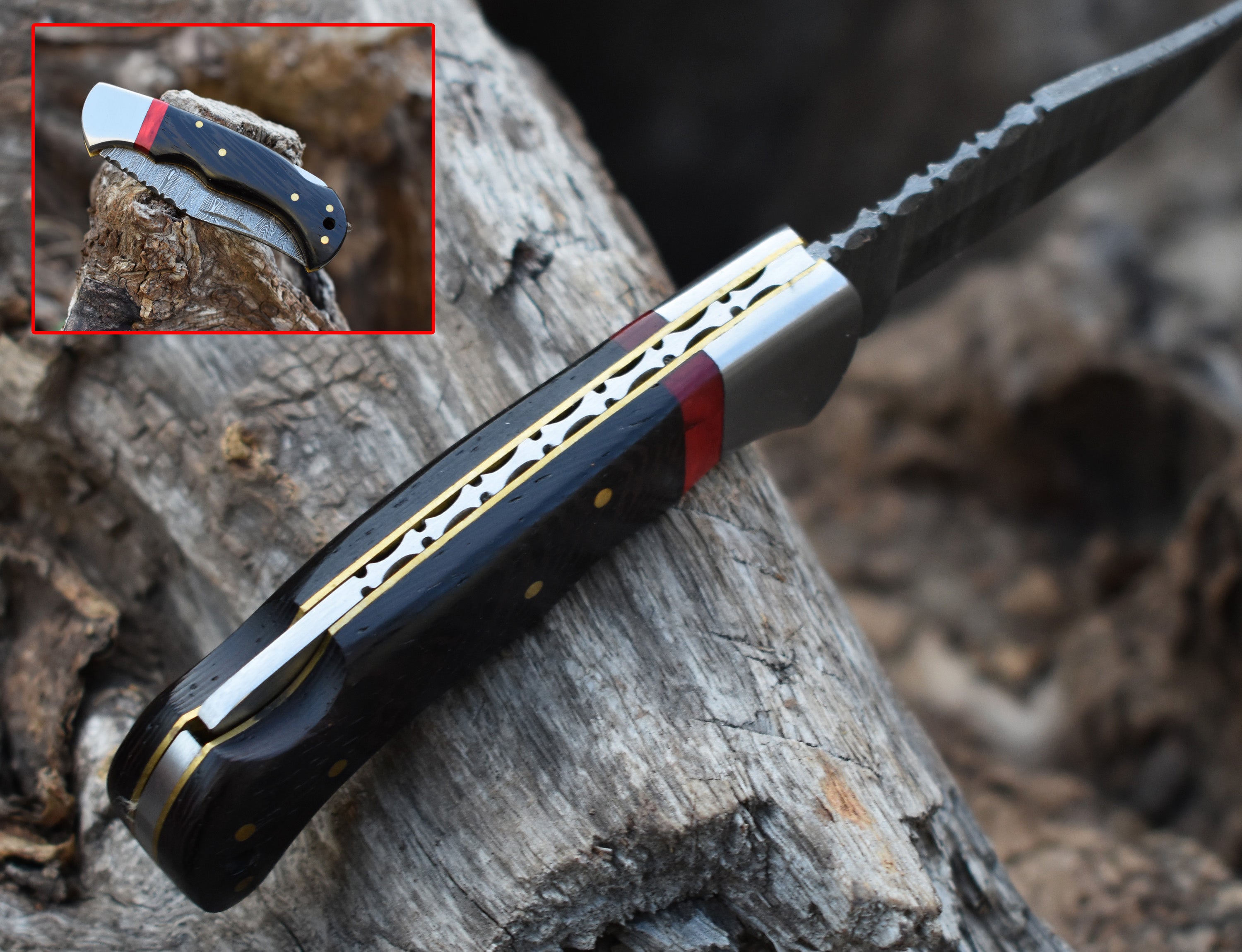 6.8" Handmade Damascus Steel Folding Knife Wangi wood Handle Back Lock Pocket Knife With Leather Pouch Personalized Gift for Men.