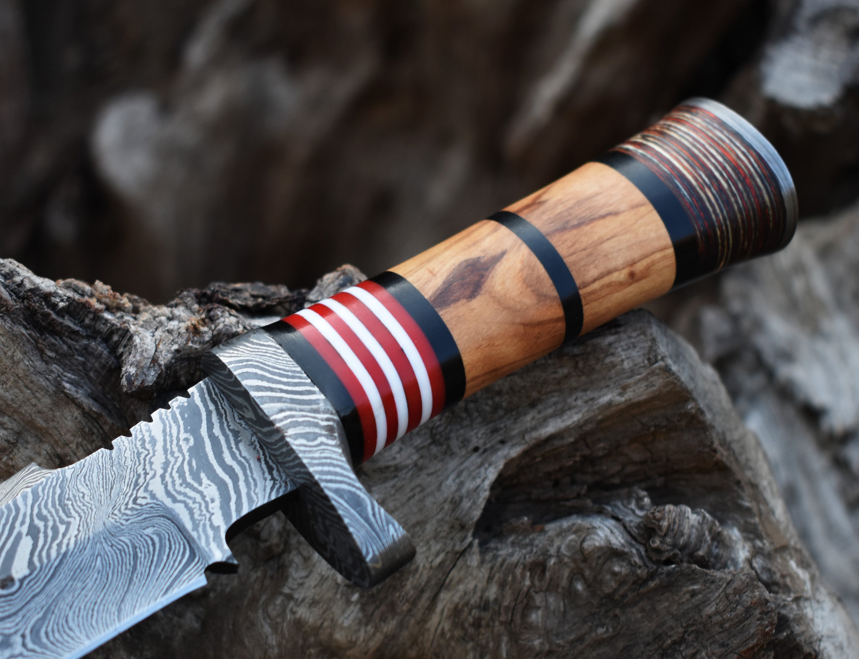 13" Hunting Knife Wood Handle Hunting Bowie knife With Damascus Guard & Pommel