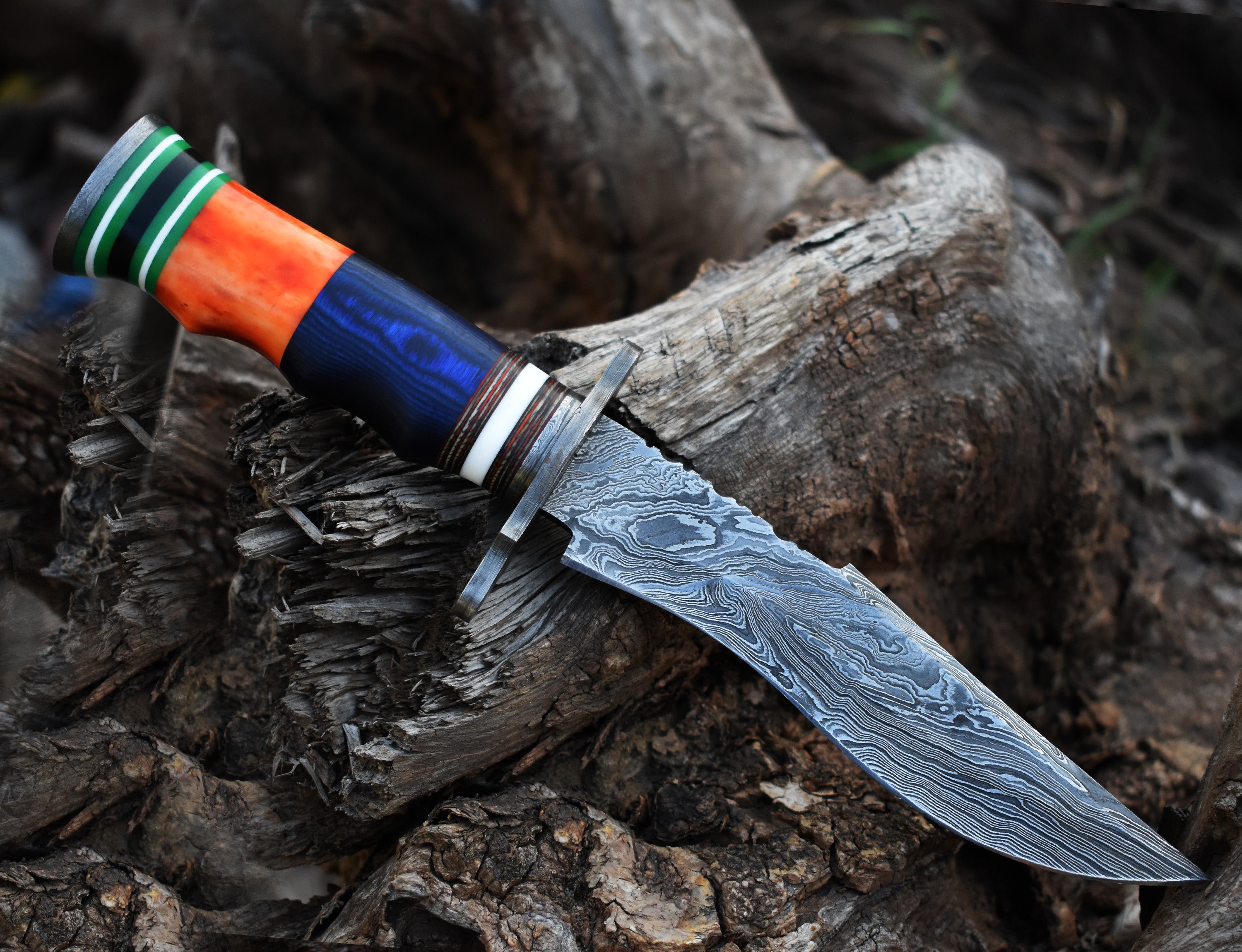 13" Rambo White Bone and Blue Sheet Handle Hunting Bowie knife With Damascus Guard & Pommel