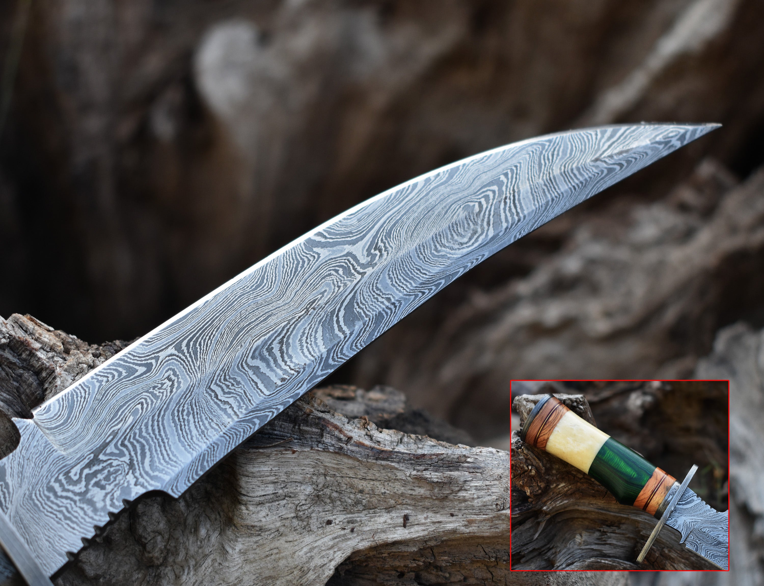 13" Rambo With Wood and Bone Handle Hunting Bowie knife With Damascus Guard & Pommel