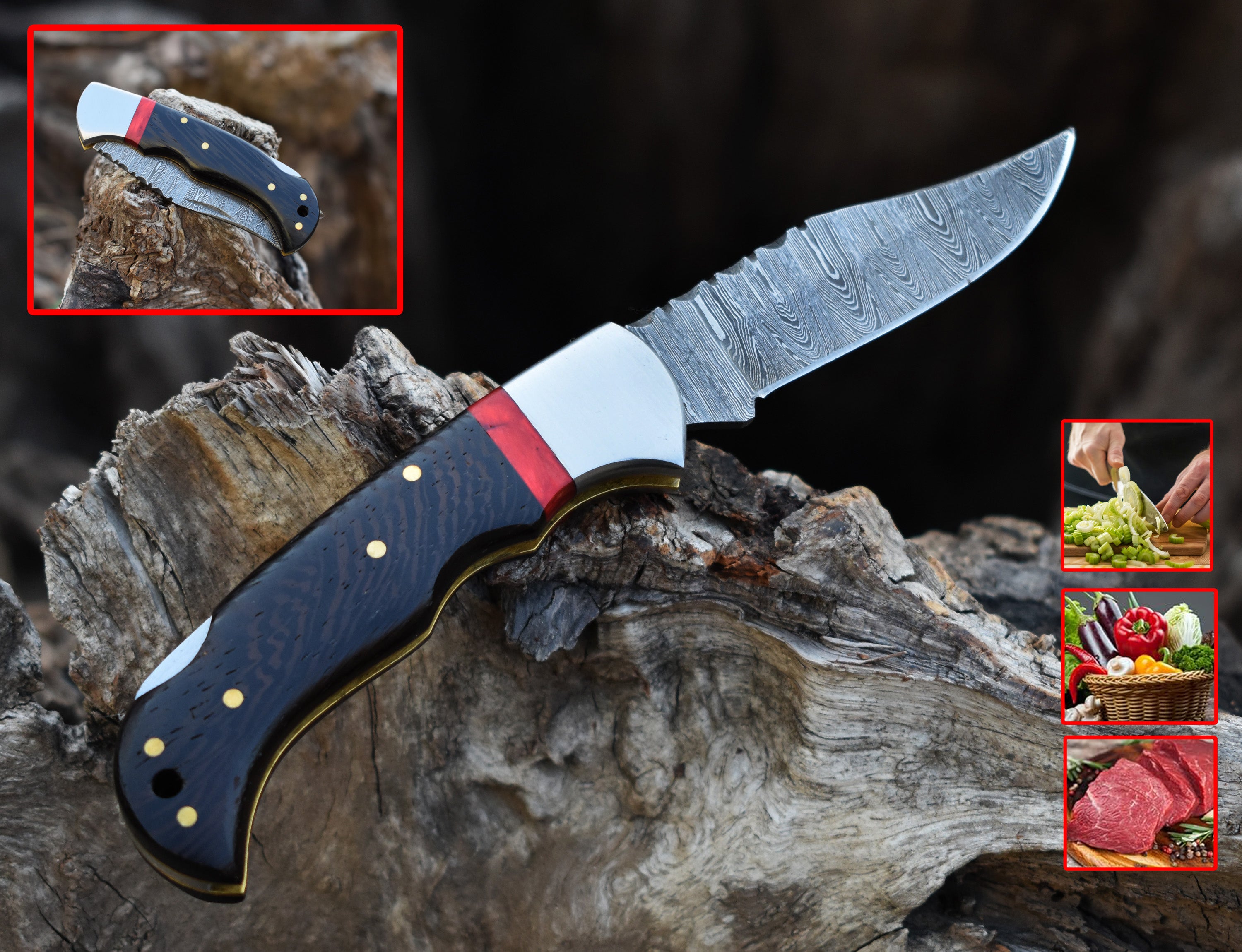 6.8" Handmade Damascus Steel Folding Knife Wangi wood Handle Back Lock Pocket Knife With Leather Pouch Personalized Gift for Men.