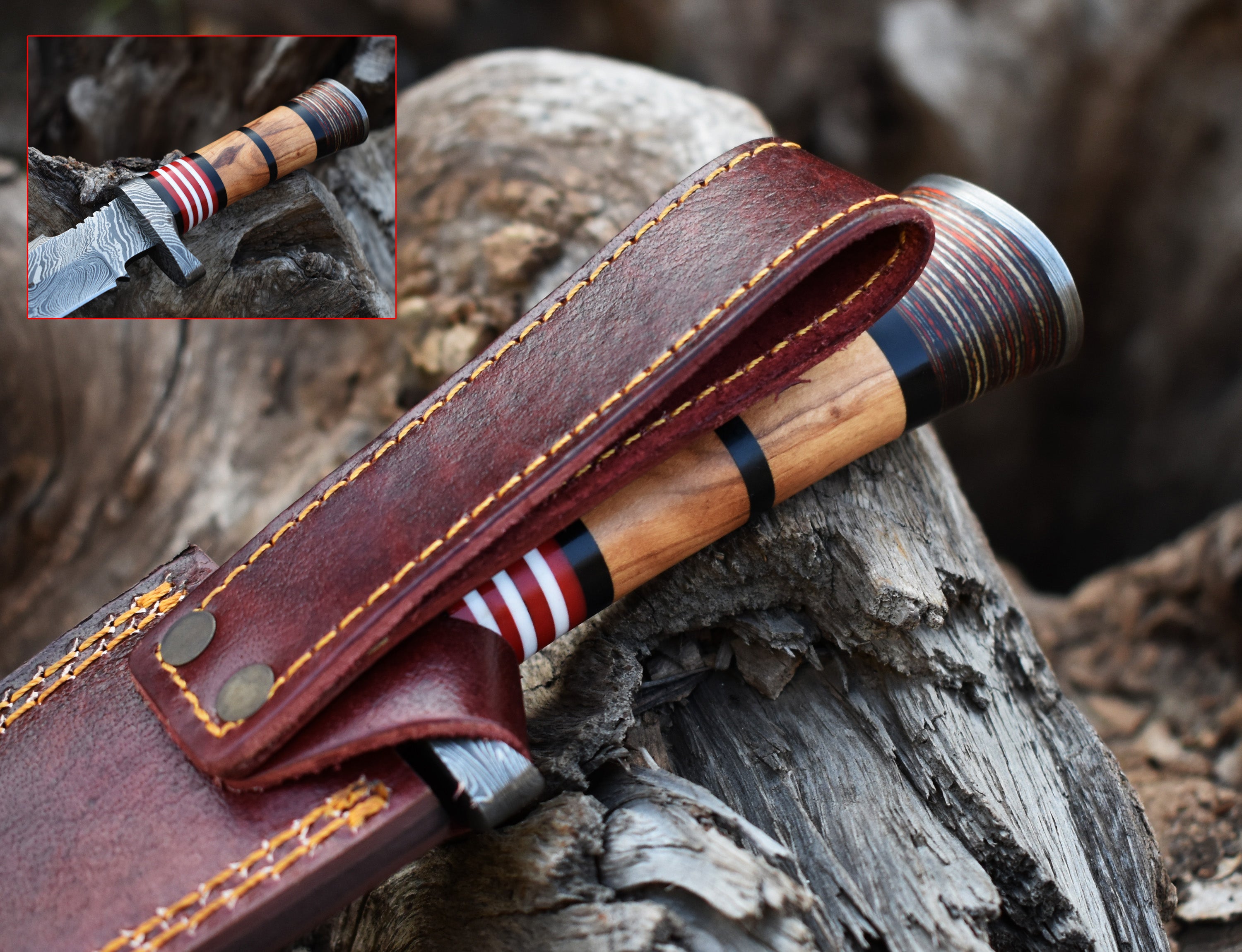 13" Hunting Knife Wood Handle Hunting Bowie knife With Damascus Guard & Pommel