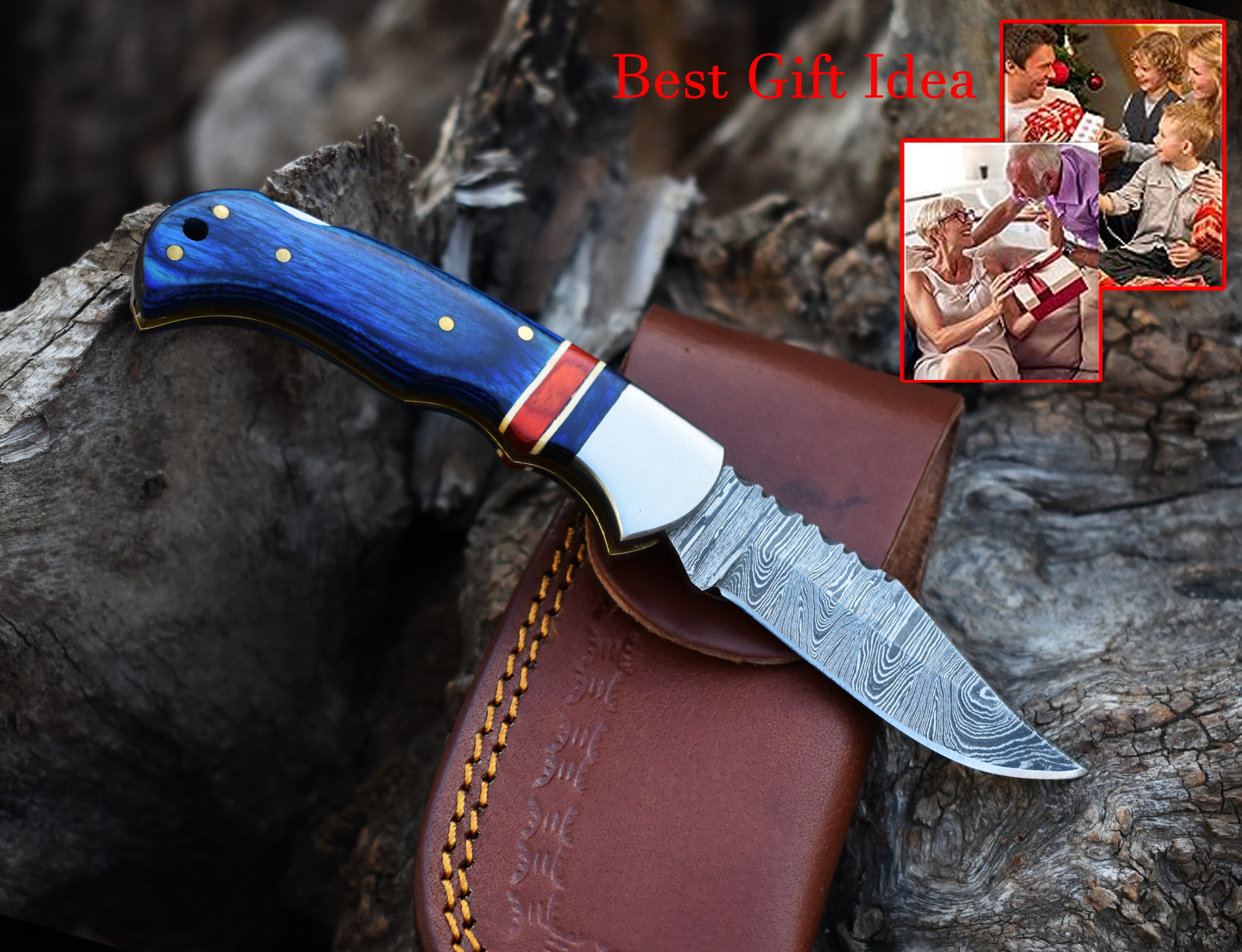 6.5" Handmade Damascus Steel Folding Knife Blue & Grey Handle Back Lock Pocket Knife With Leather Pouch Personalized Gift for Men.