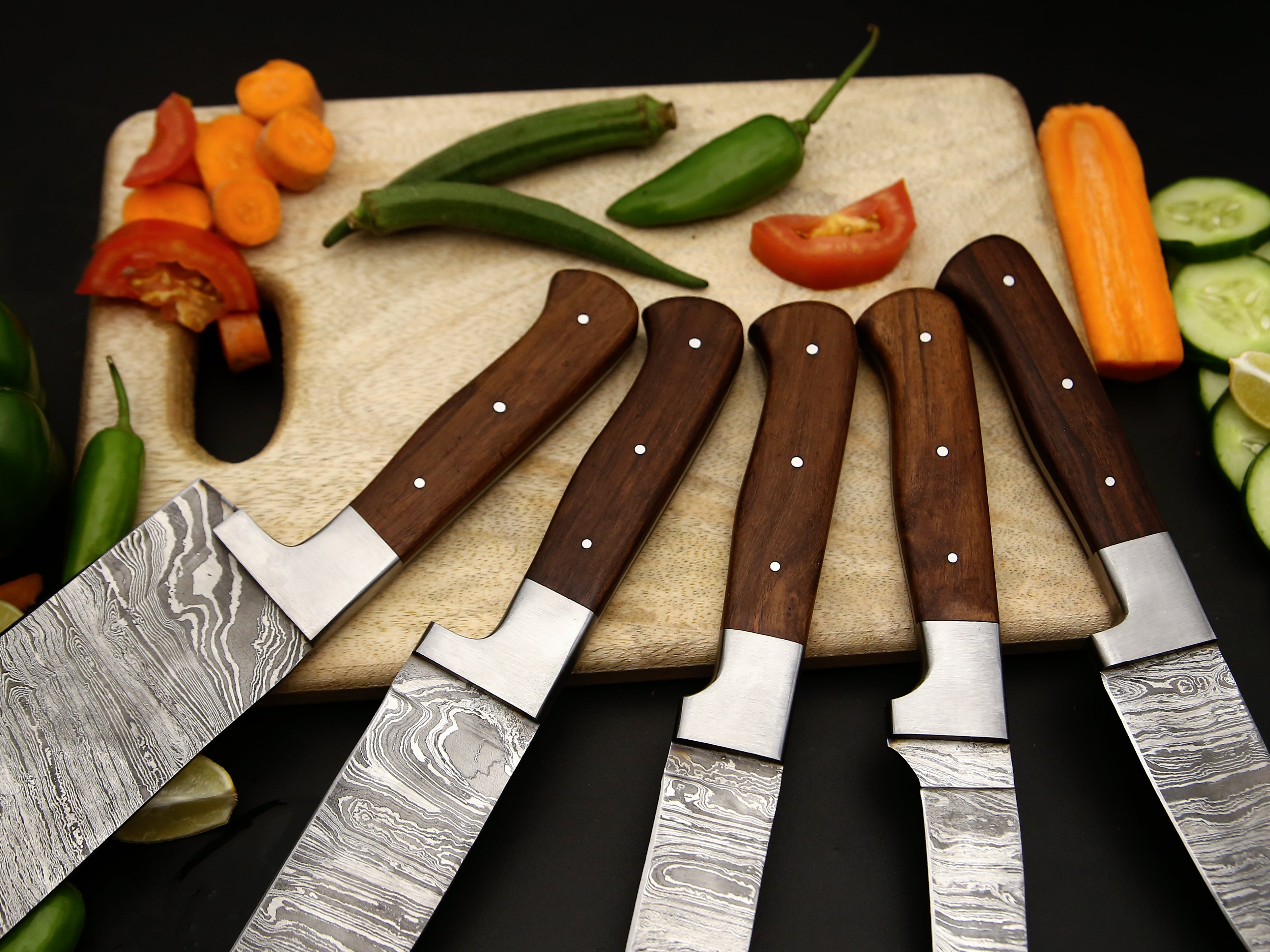 Chef Knife Set of 5 PCS with Rosewood Handle Stainless steel Bolster Damascus Kitchen Knife Razor sharp cutting Edge come with Leather Roll kit.