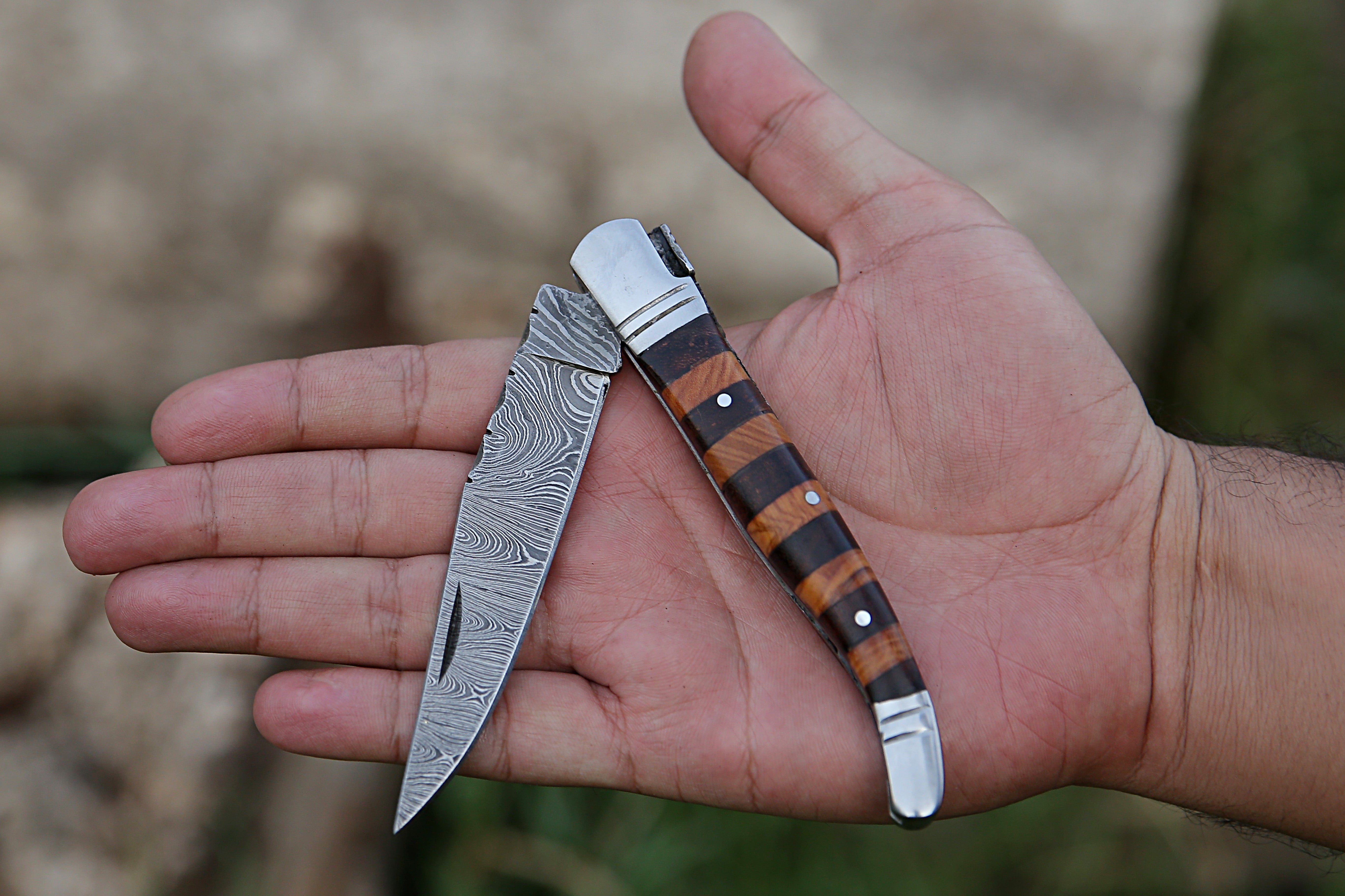 French  Pocket Knife With combination of Rose Olive wood Handle Folding Knife with back Spring Camping Tool Hunting EDC Fishing Knife with Leather Pouch.