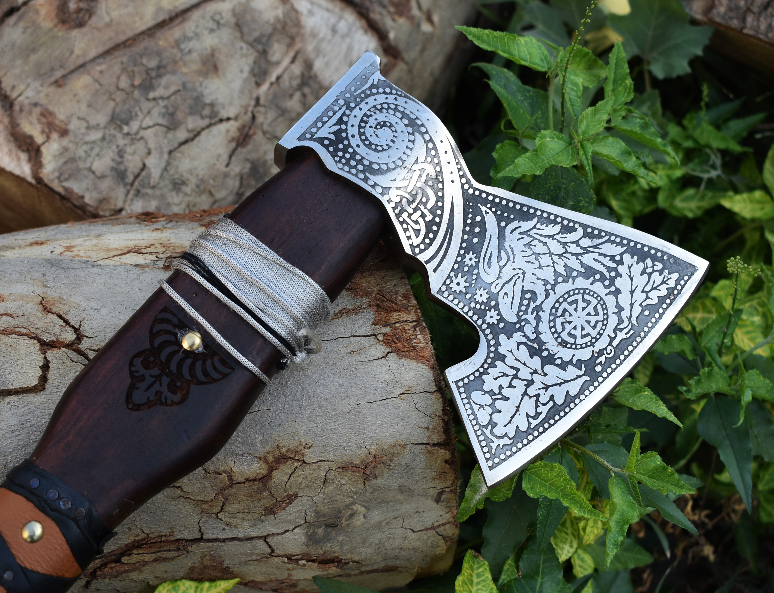 Engraved Viking Axe | Hand-Forged Damascus Hatchet with Leather Sheath | Norse Gift for Him.