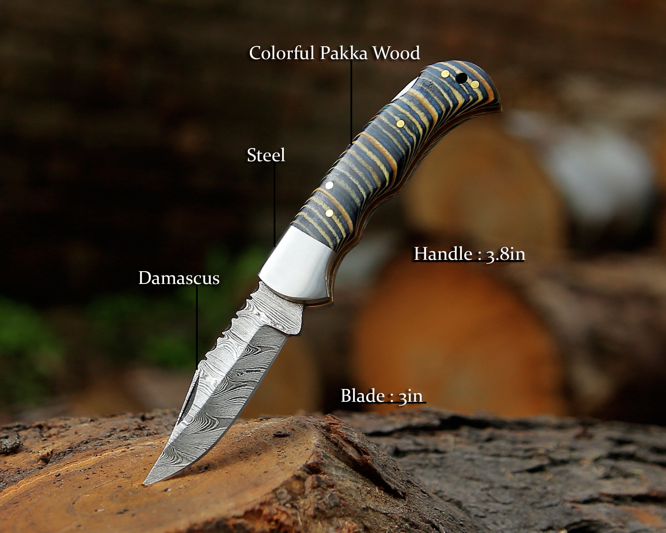 Damascus Steel EDC Pocket Knife – Tactical Folding Knife for Camping & Hunting Knife with Leather Pouch.