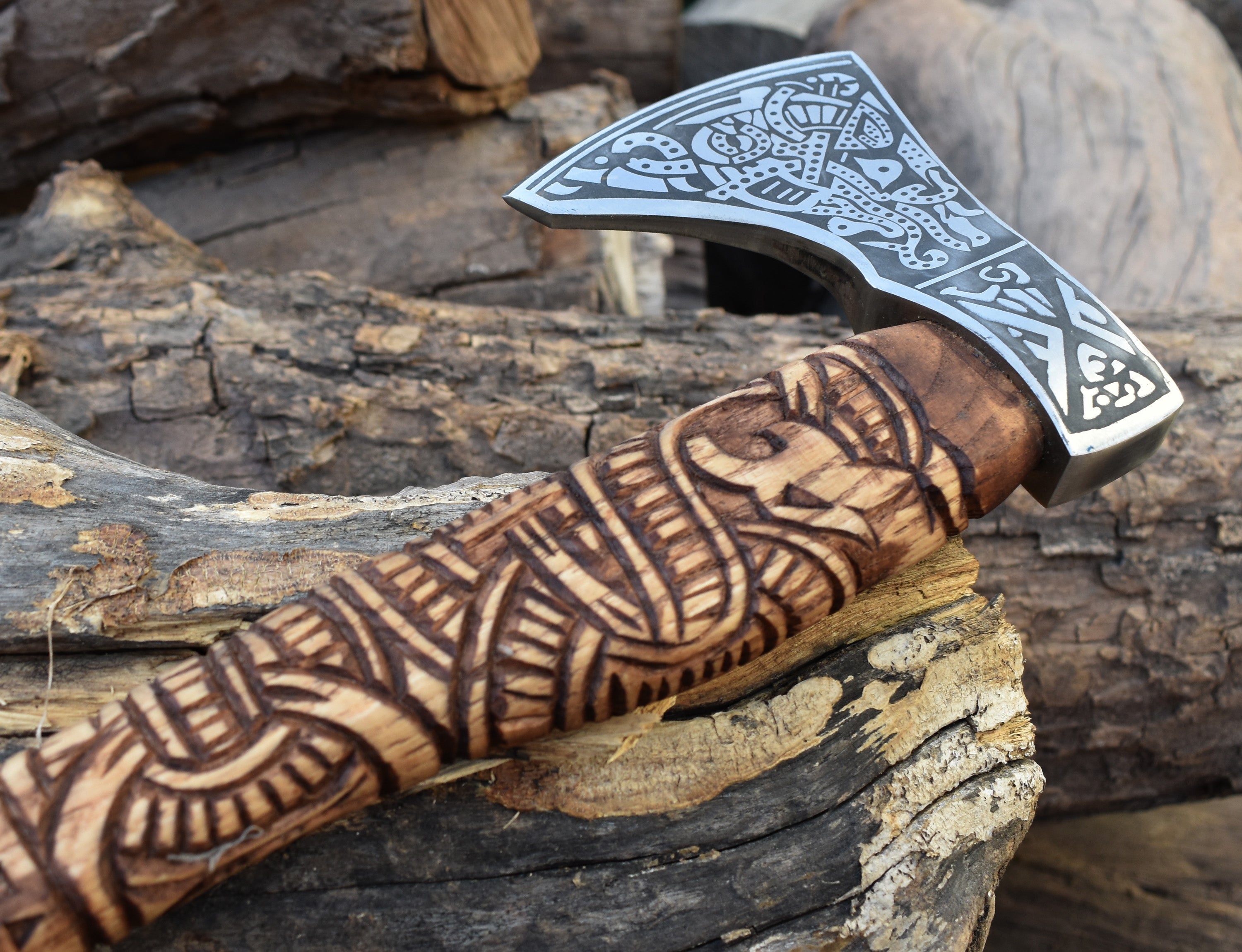 Engraved Viking Axe | Hand-Forged Norse Hatchet | Custom Nordic Weapon for Gift or Display Ash wood Handle with Leather Pouch.