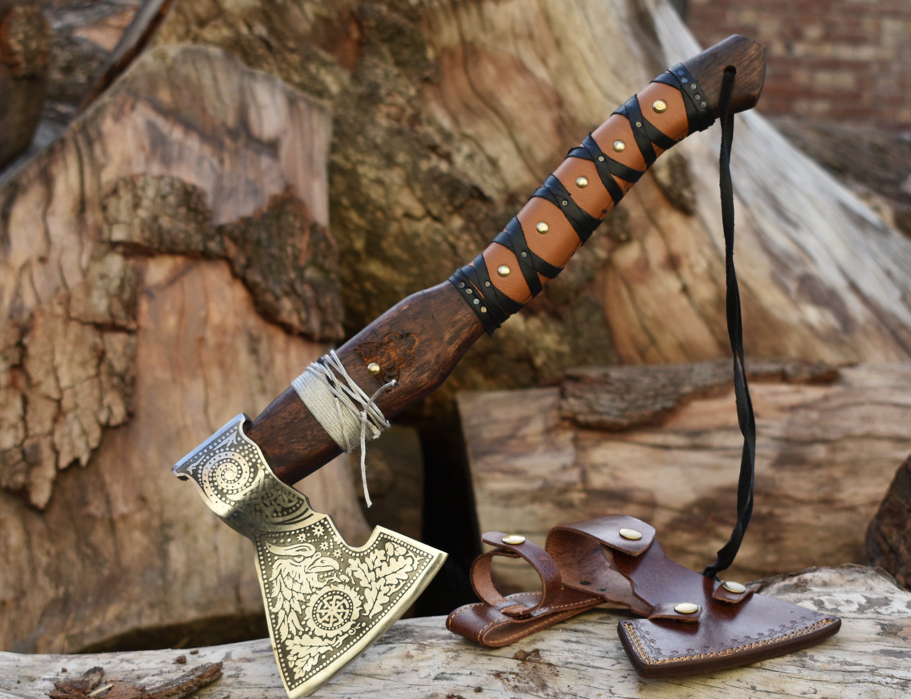 Engraved Viking Axe Hand-Forged Damascus Hatchet with Leather Sheath
