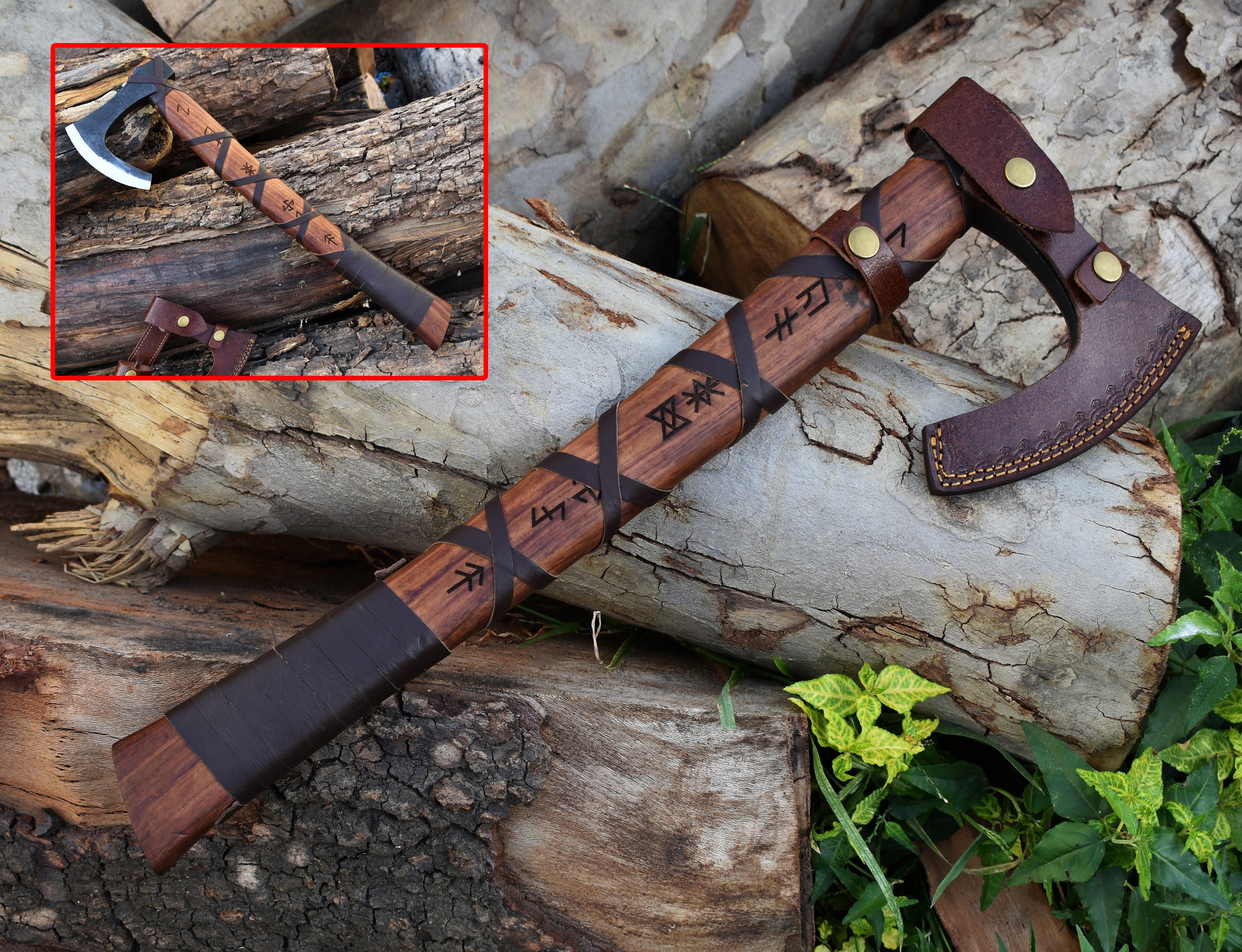 Battle-Ready Viking Axe | Hand-Forged Norse Hatchet with Leather Grip & Rune Carvings.