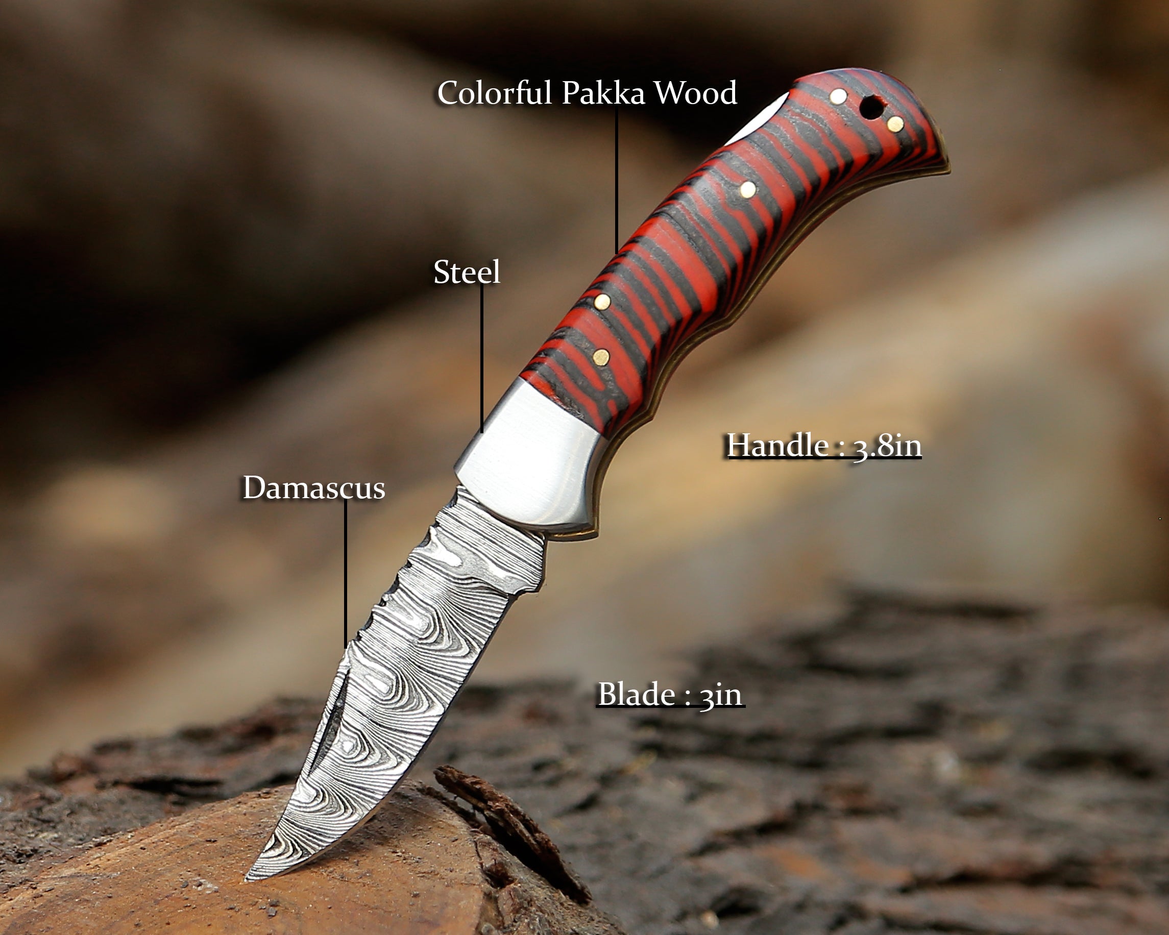 Handcrafted Damascus Pocket Knife – EDC Folding Blade for Outdoor Use Multicolor Handle with Pouch.