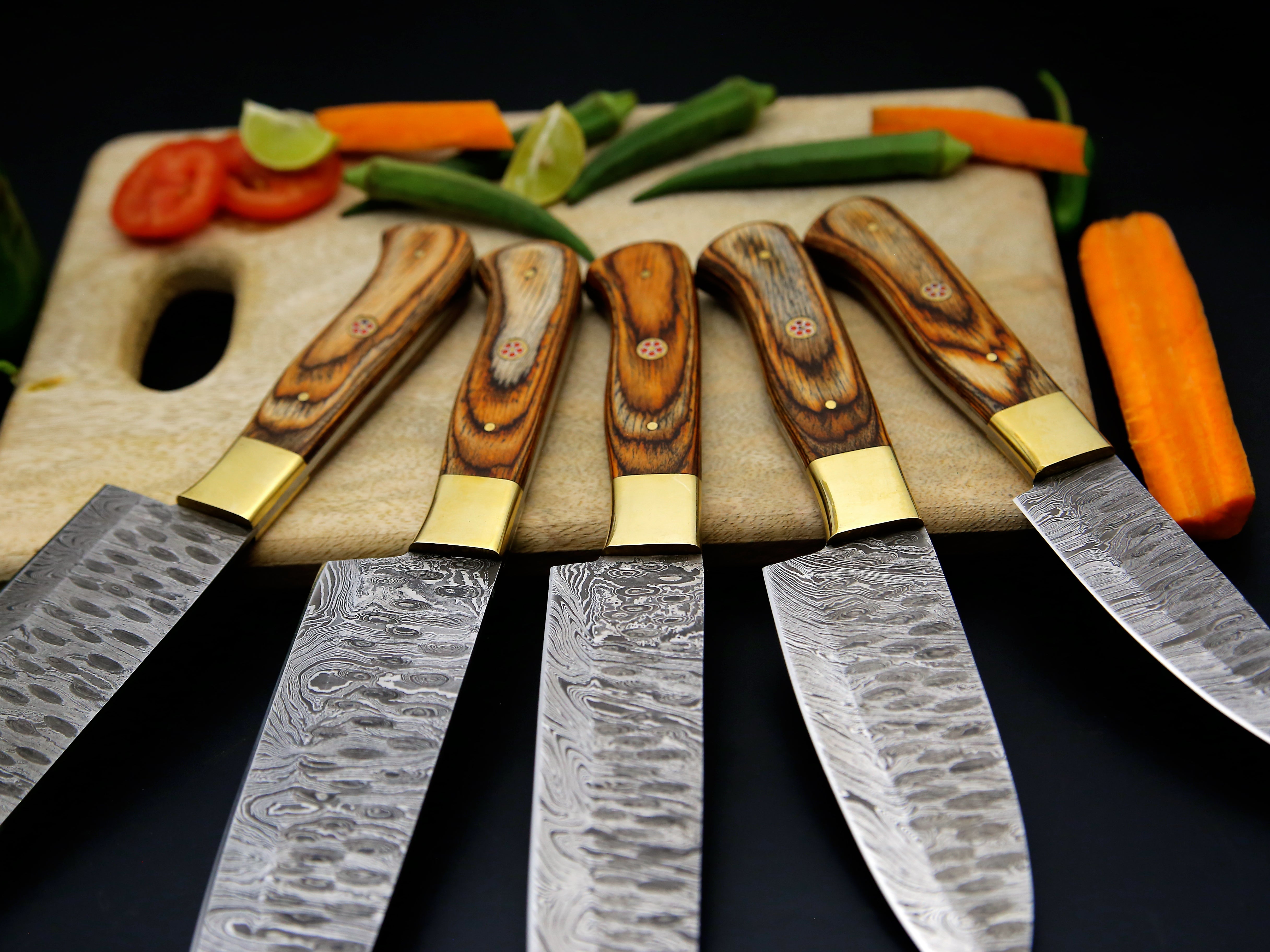 Damascus steel Chef knife set of 5 PCS Brown Dollar sheet Handle Kitchen Knife with Leather Roll kit.