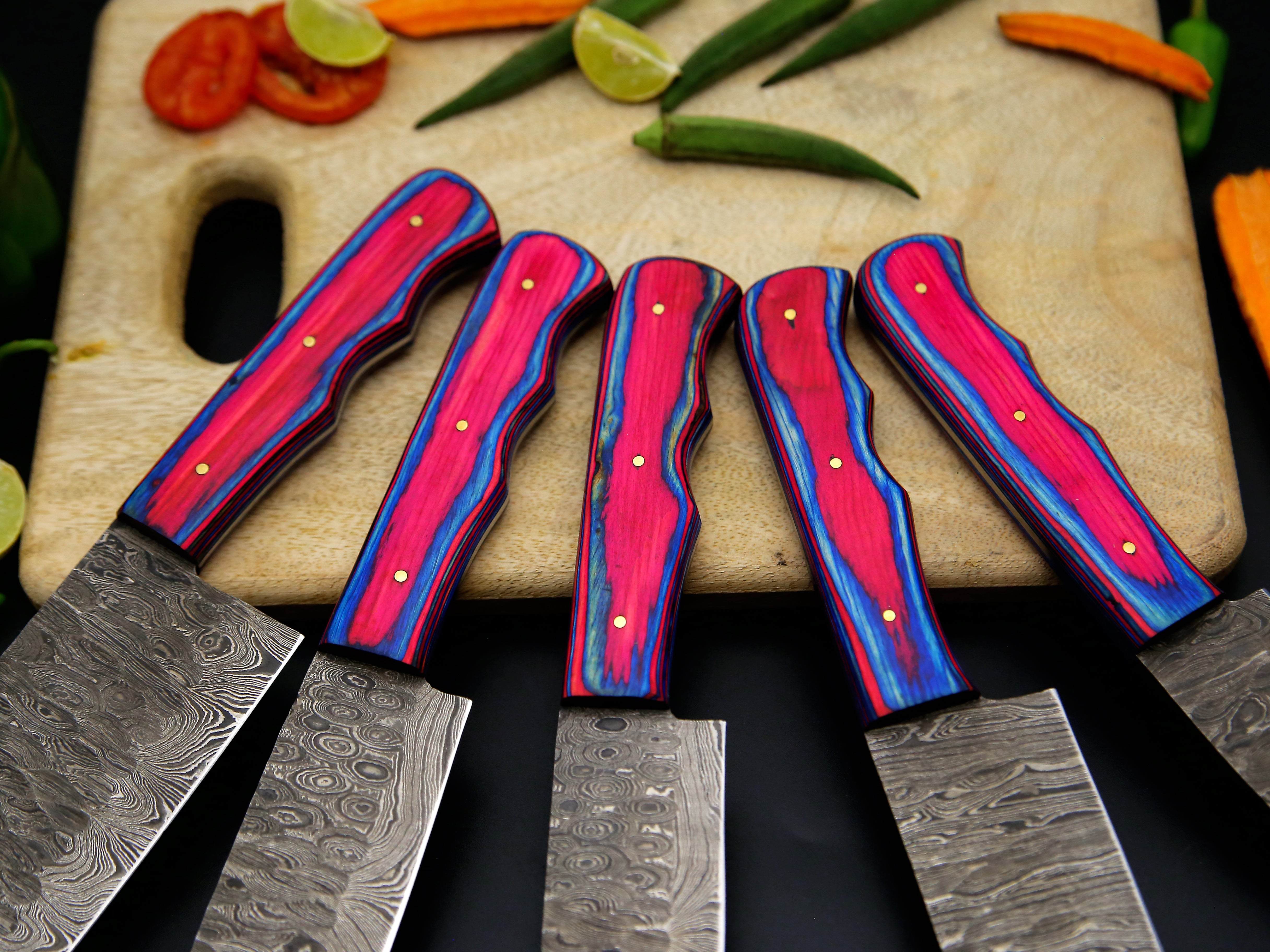 Personalized Handmade Damascus Steel Kitchen Knife Set Of 5 PCS Multi Color Dollar Handle Chef Knife With Leather Roll Kit.