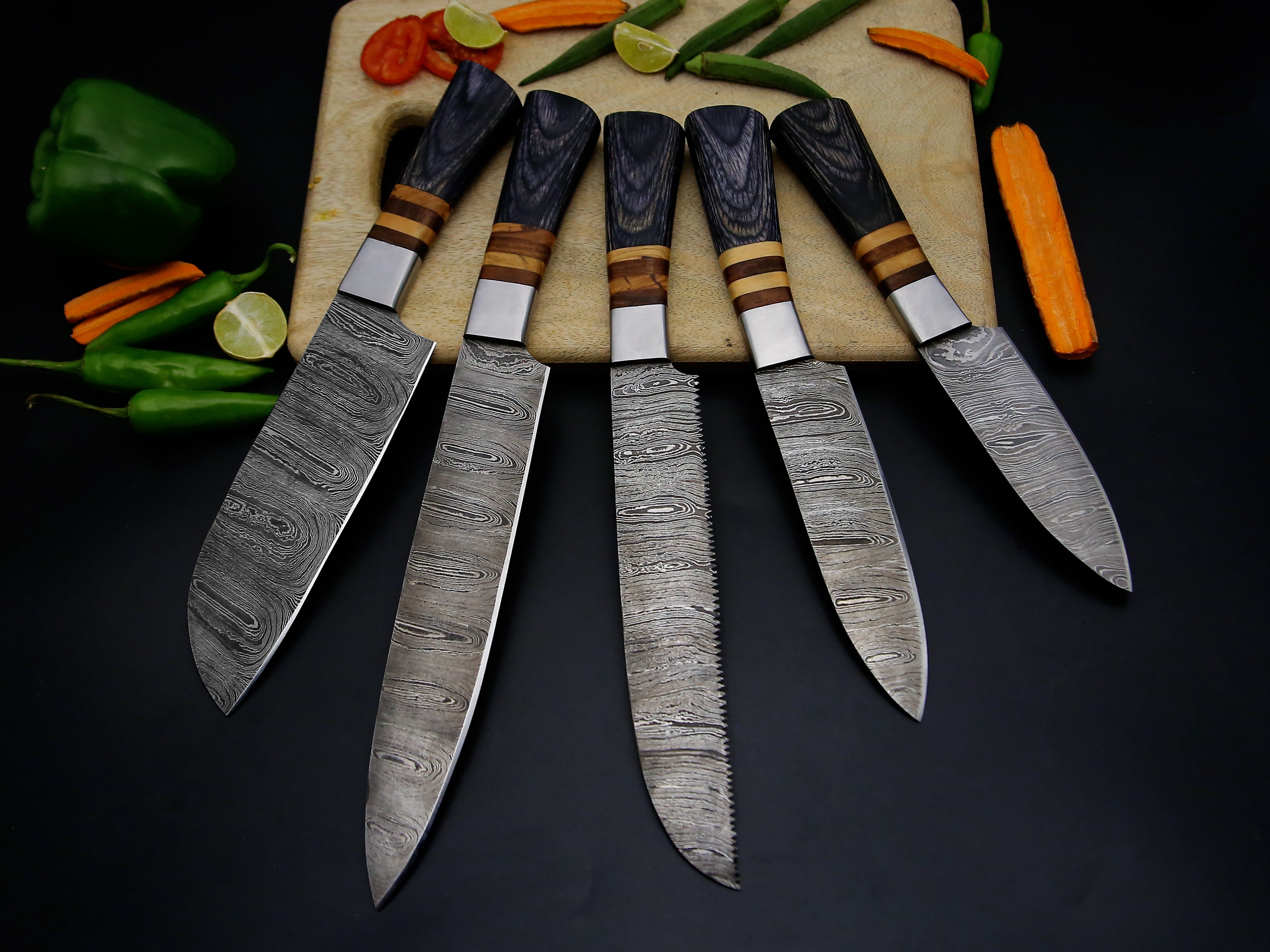 5 PCS Damascus Kitchen Chef knife set Grey Dollar Sheet With Spacers & Leather Roll Kit
