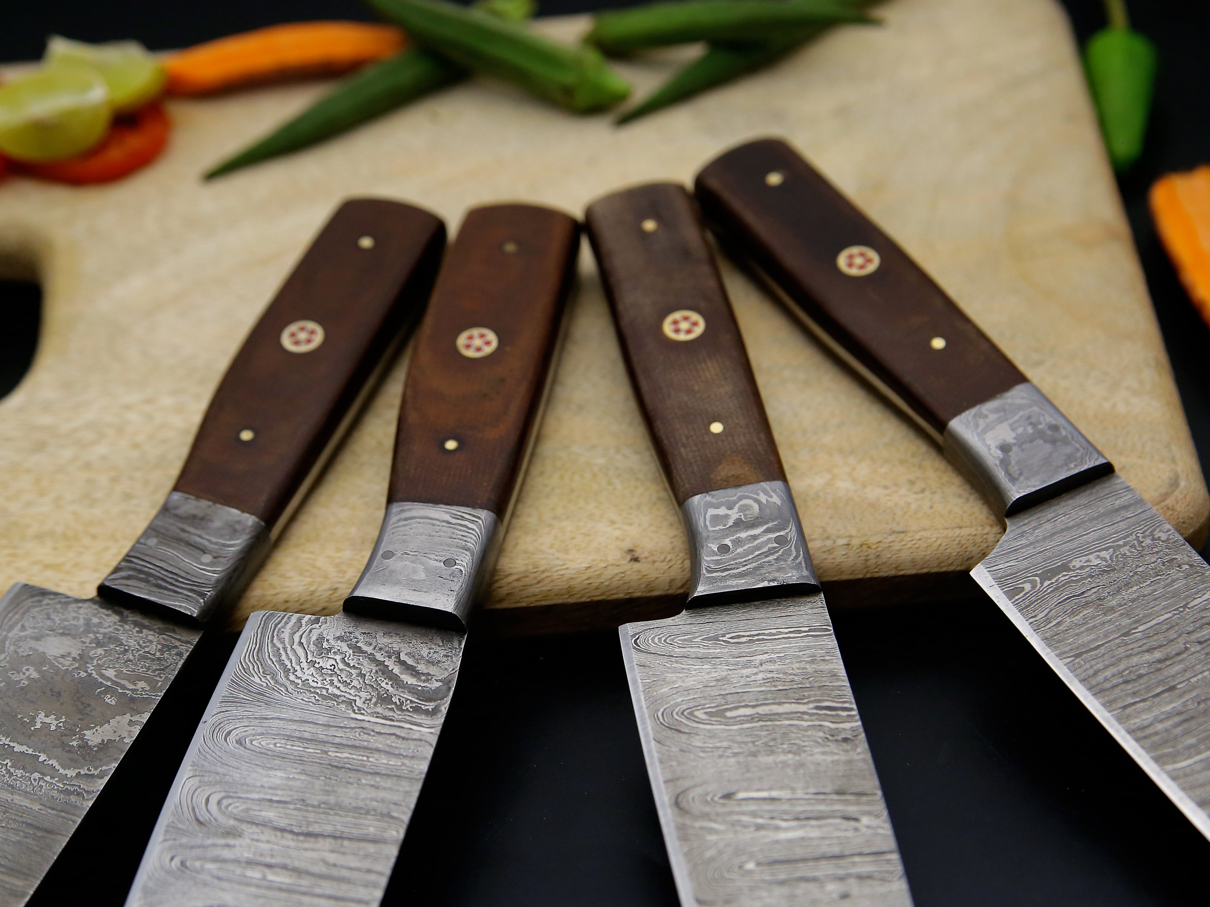 Best Hot selling chef Knife set of 4 PCS Brown Micarta sheet mosaic Pin Handle Damascus steel Kitchen Knife set Sharp cutting edge come with Leather Roll kit.