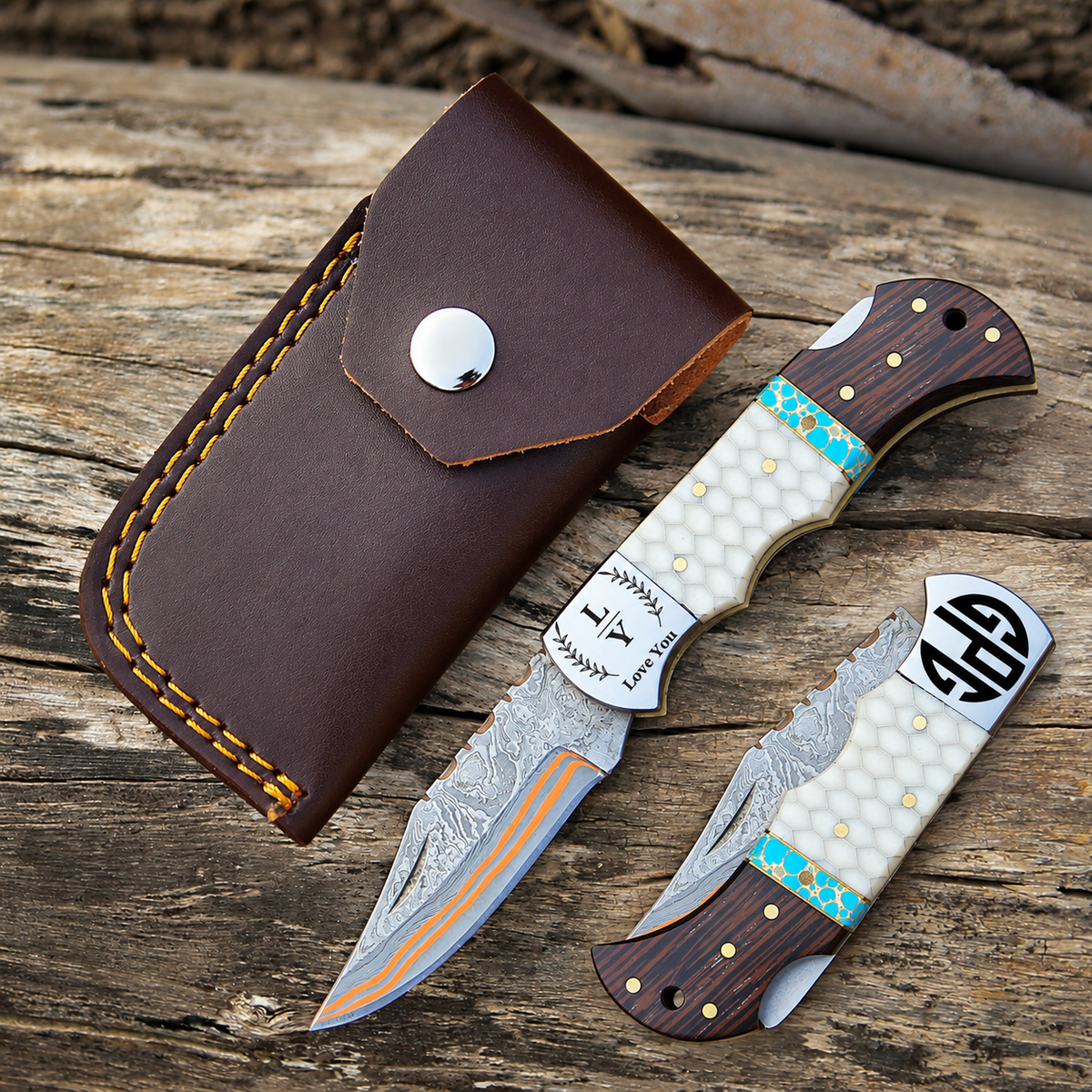 Personalized Copper Damascus Steel Pocket Knife White Resin and Wangi Wood & Turquoise Handle Folding knife sharp edge come with leather sheath.