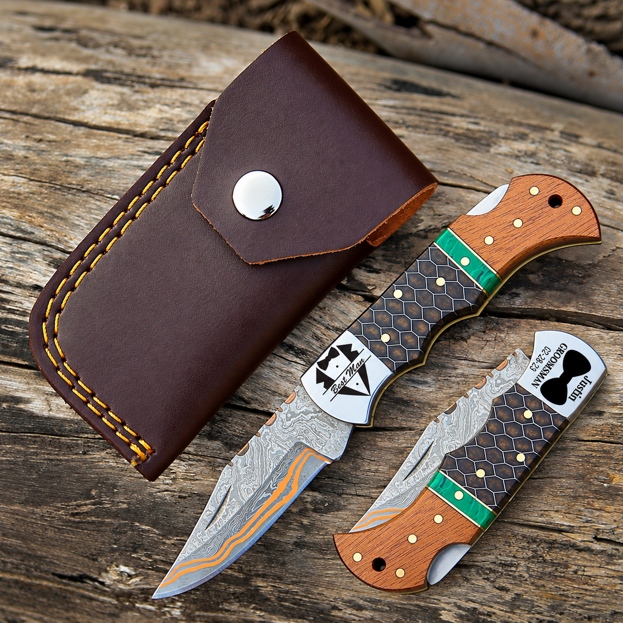 Personalized Copper Damascus Steel Pocket Knife Brown Honey Comb Resin and Olive Wood Handle Folding knife sharp edge come with leather sheath
