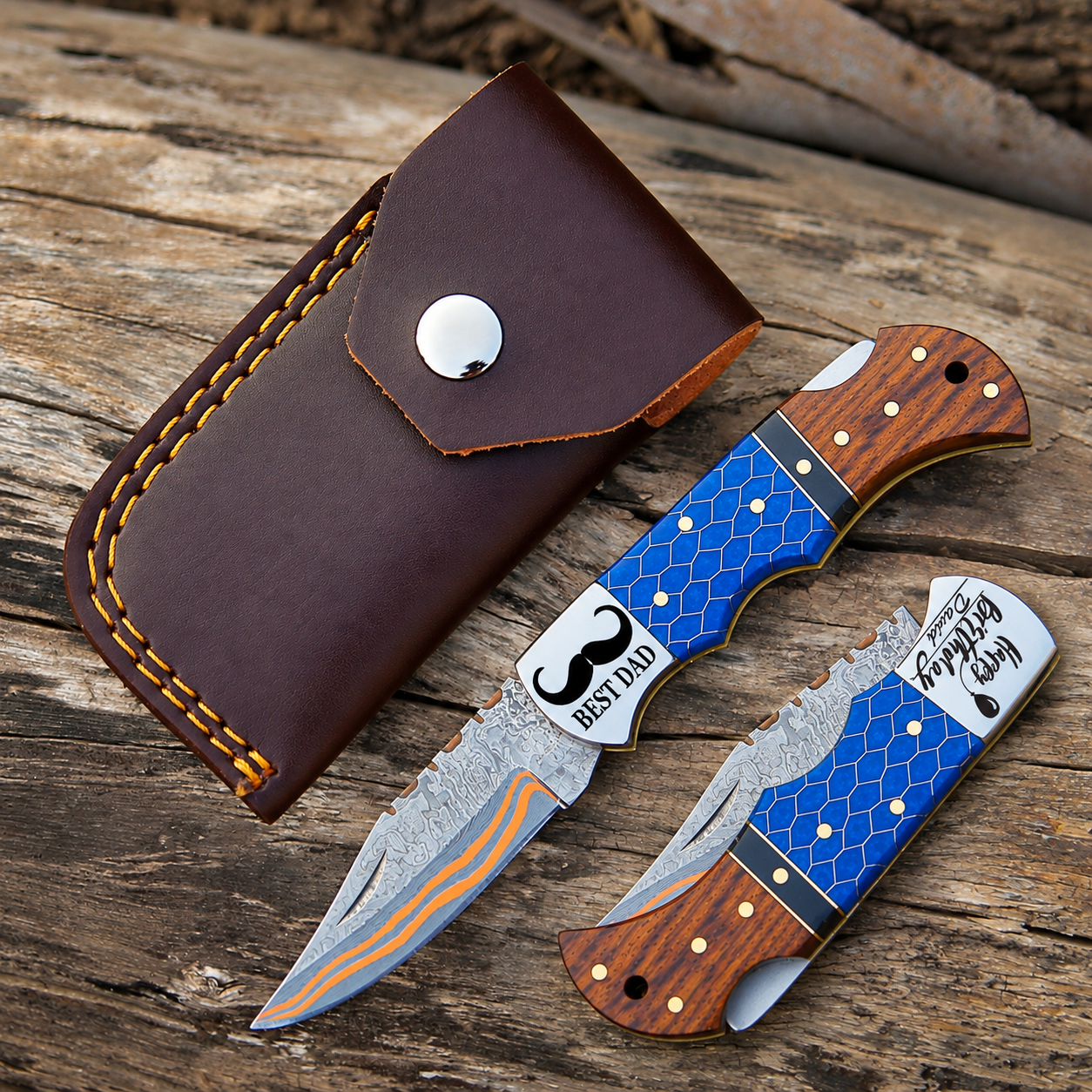 Personalized Copper Damascus Steel Pocket Knife Blue and Rose Wood Handle Folding knife sharp edge come with leather sheath.