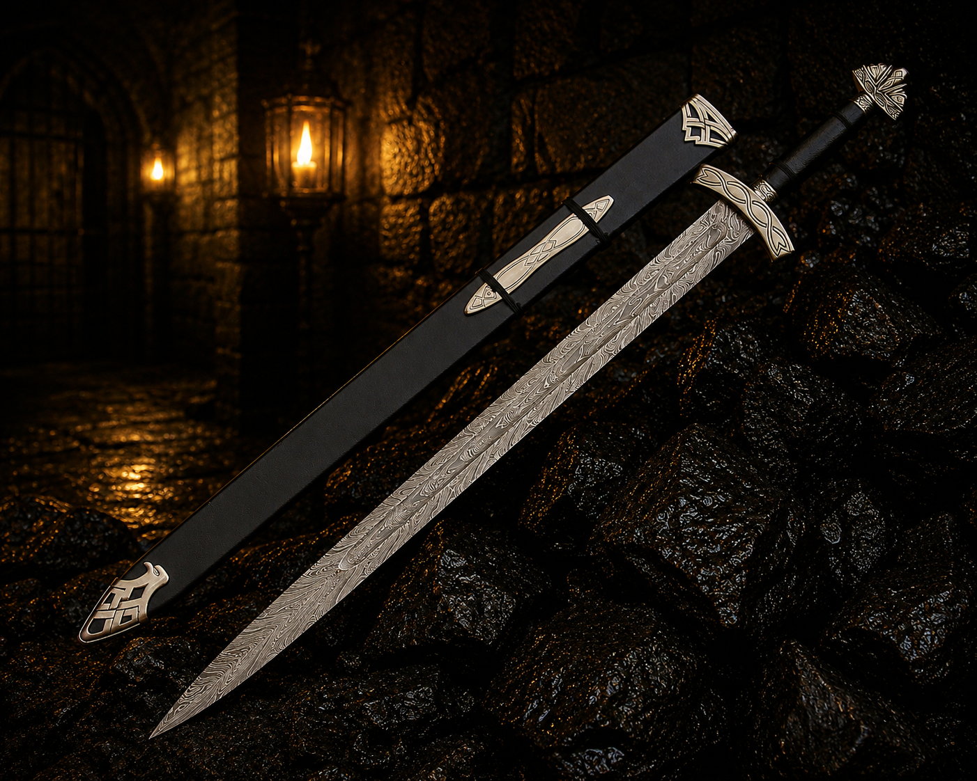 Handmade Viking Fantasy Damascus Sword with Black Scabbard Engraved Blade, Medieval Decorative Sword for Display Halloween Costume Gift